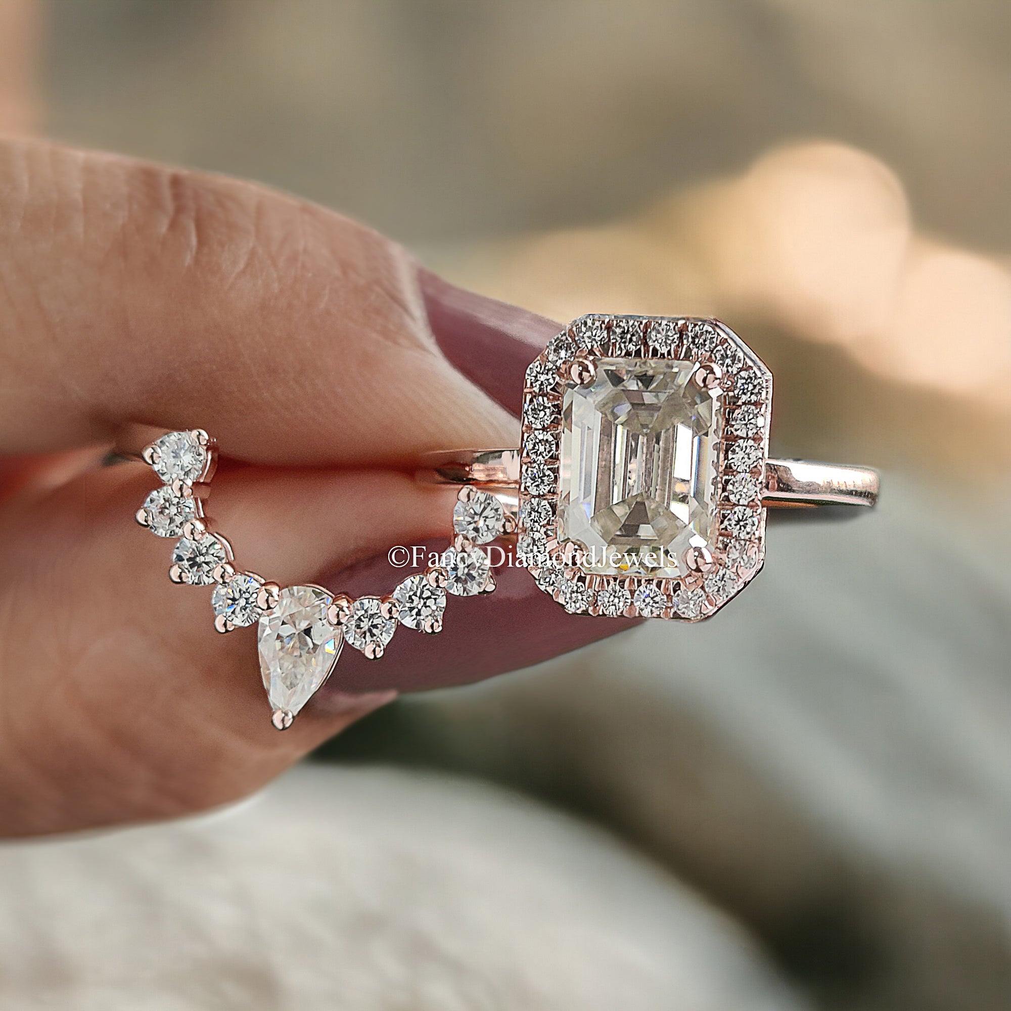 Vintage Moissanite Engagement Ring Set 1.85 CT Moissanite Ring Emerald Ring Rose Gold Ring Unique Stacking Ring Diamond Cluster Ring FD90