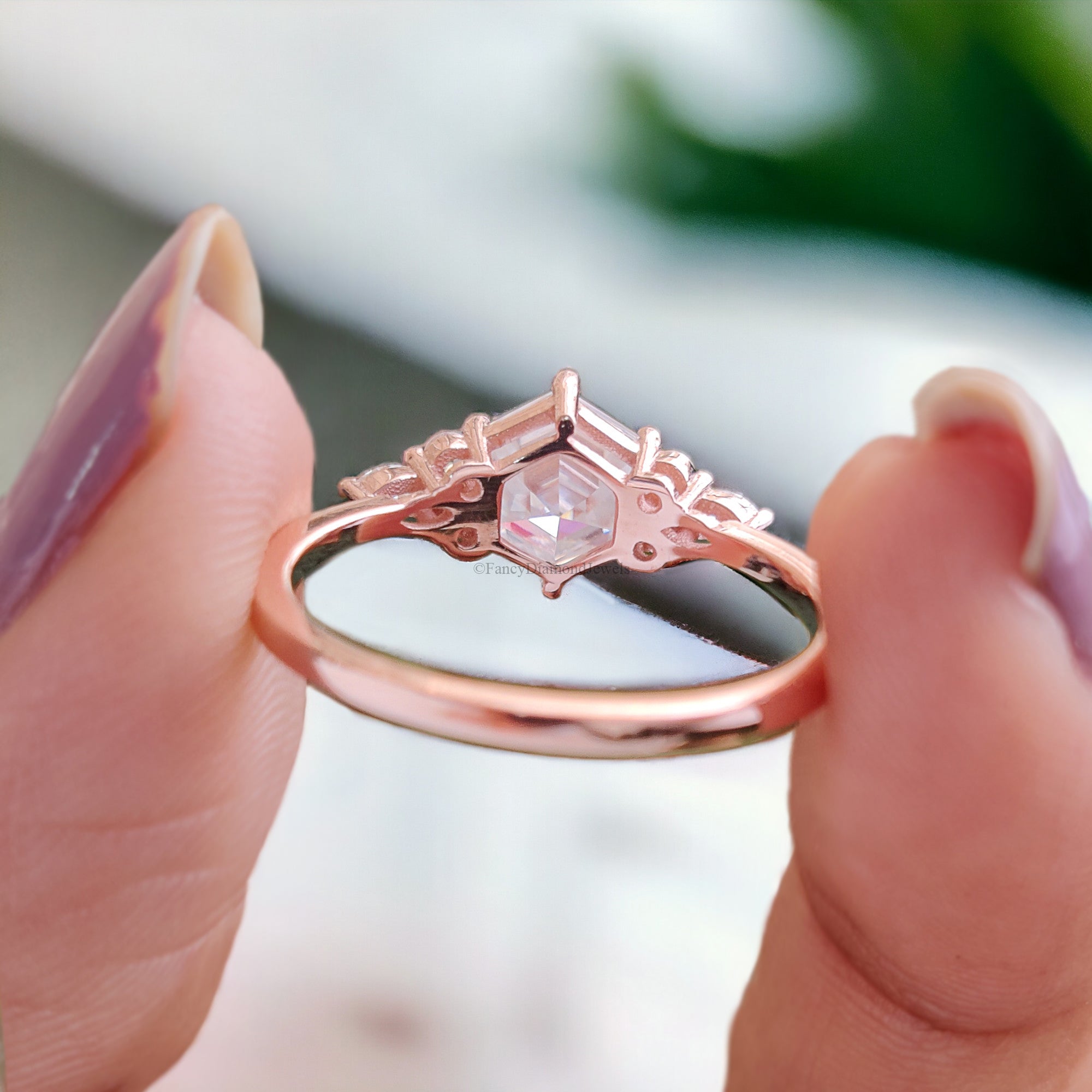 Hexagon Cut Moissanite Engagement Ring Rose Gold Vintage Unique Marquise Diamond Cluster Engagement Ring Delicate Wedding Bridal Ring FD114