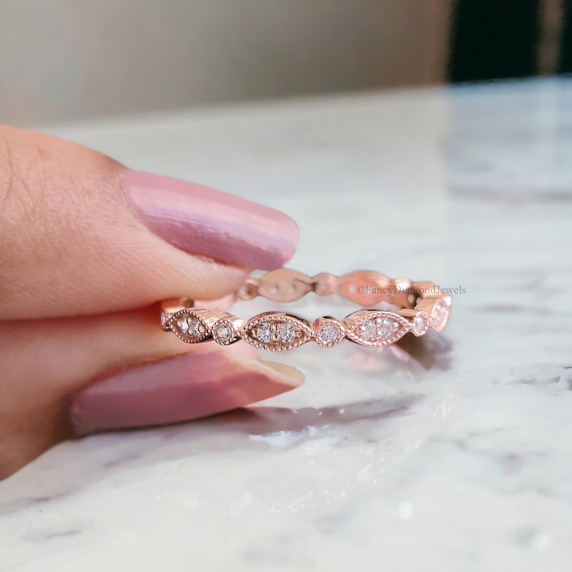 Wedding Ring Set Moissanite Rose Gold Engagement Ring Round 8.00 MM Moissanite Ring Diamond Milgrain Band Solitaire Ring Promise Ring FD130