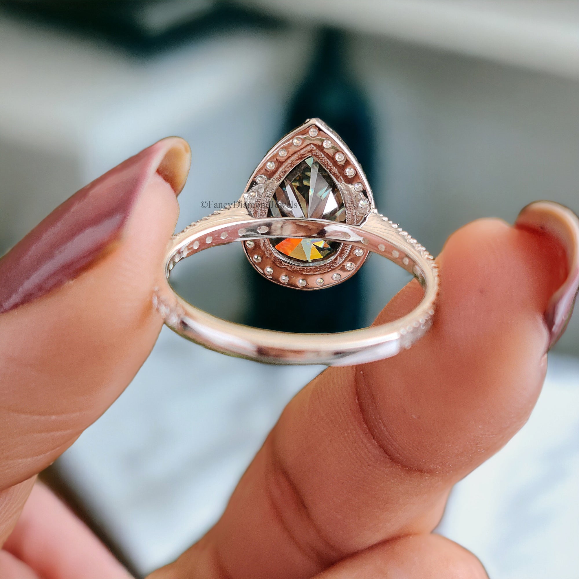 Pear Cyan Green Moissanite Ring Halo Engagement Ring 2.30 TW Pear Shaped Moissanite Ring Proposal Ring For Her Anniversary Gift Ring FD40