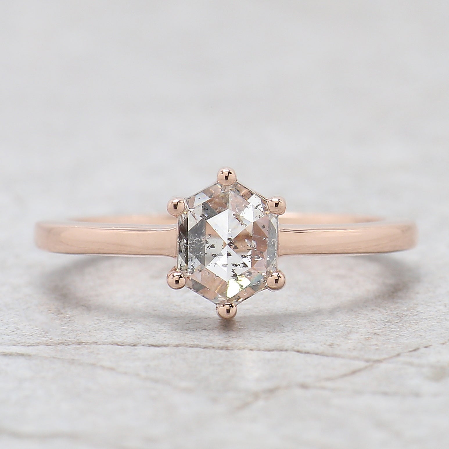 Hexagon Cut Salt And Pepper Diamond Ring 1.00 Ct 6.90 MM Hexagon Diamond Ring 14K Solid Rose Gold Silver Engagement Ring Gift For Her QL2676