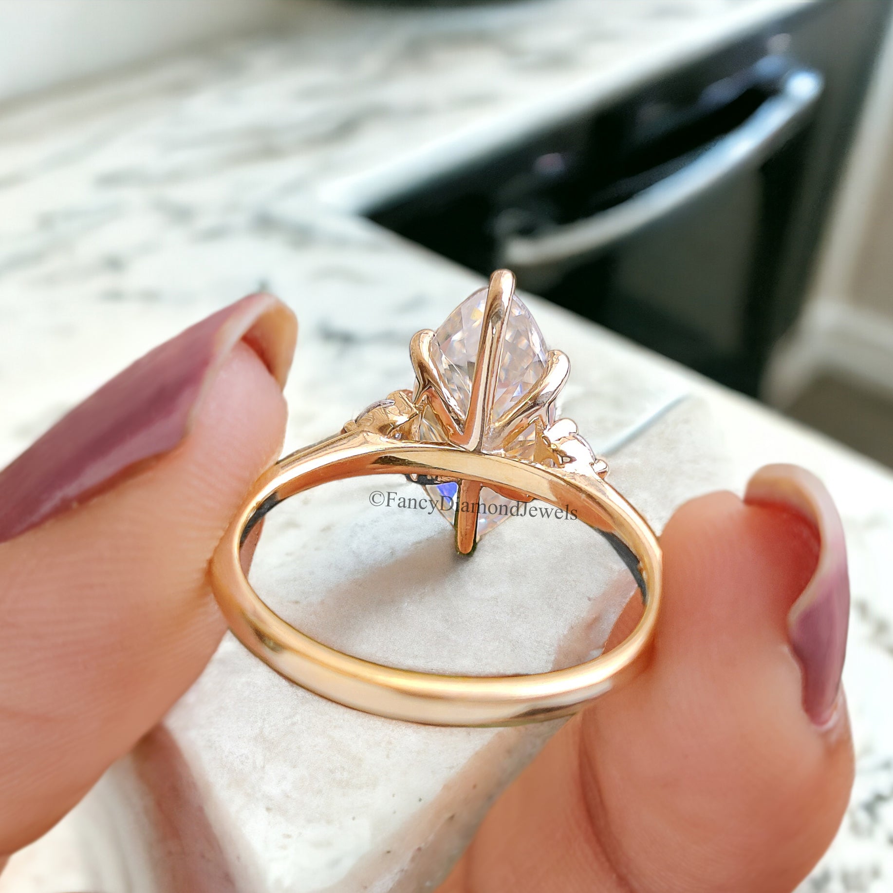 2 Carat Marquise Shape Colorless Engagement Ring With Side Accent Stones Wedding Ring Anniversary Ring 14K Solid Real Yellow Gold Ring FD74