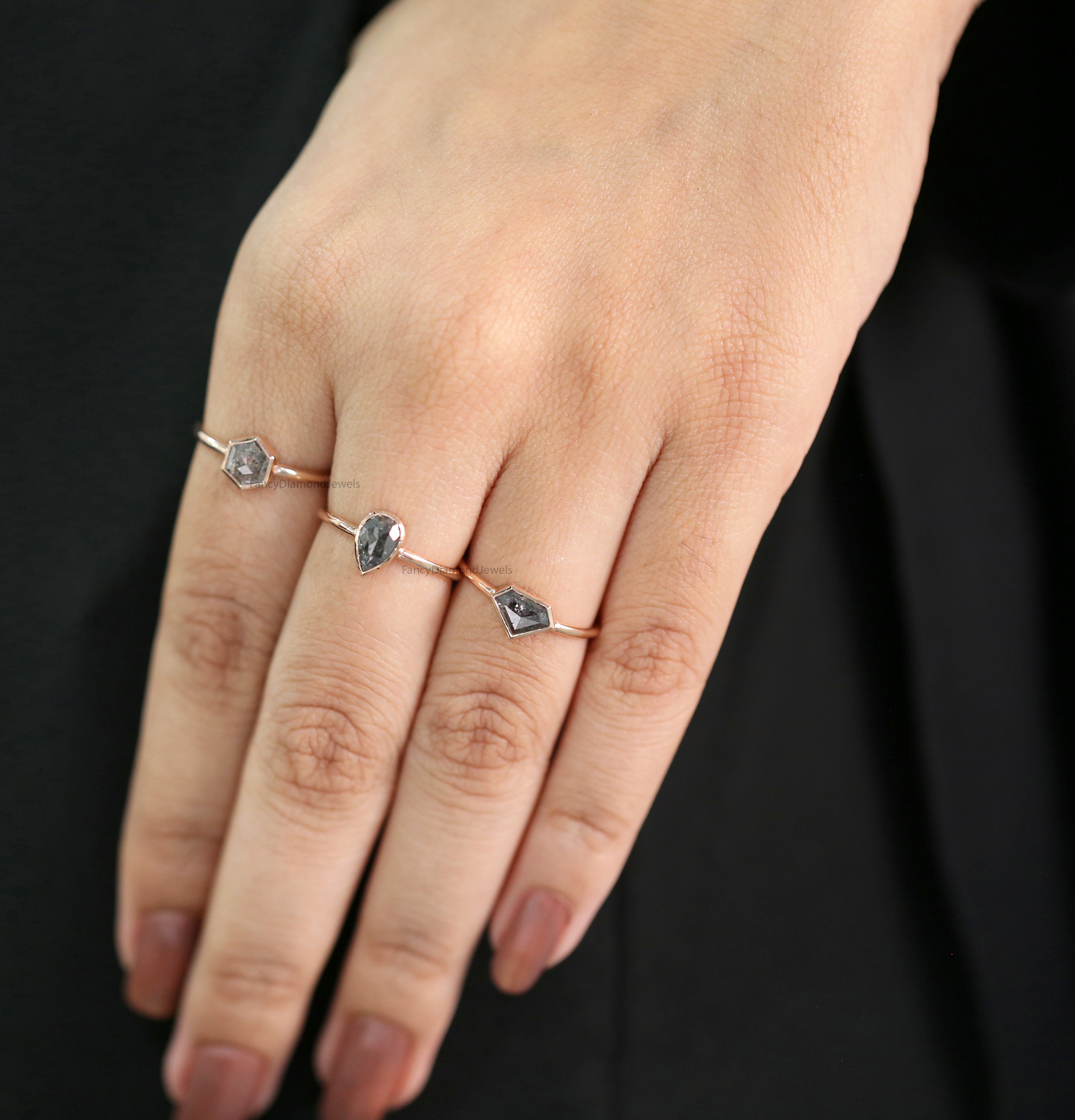 Mix Shape Salt And Pepper Diamond Ring 1.73 Ct 7.15 MM Mix Shape Diamond Ring 14K Solid Rose Gold Silver Engagement Ring Gift For Her QL1063