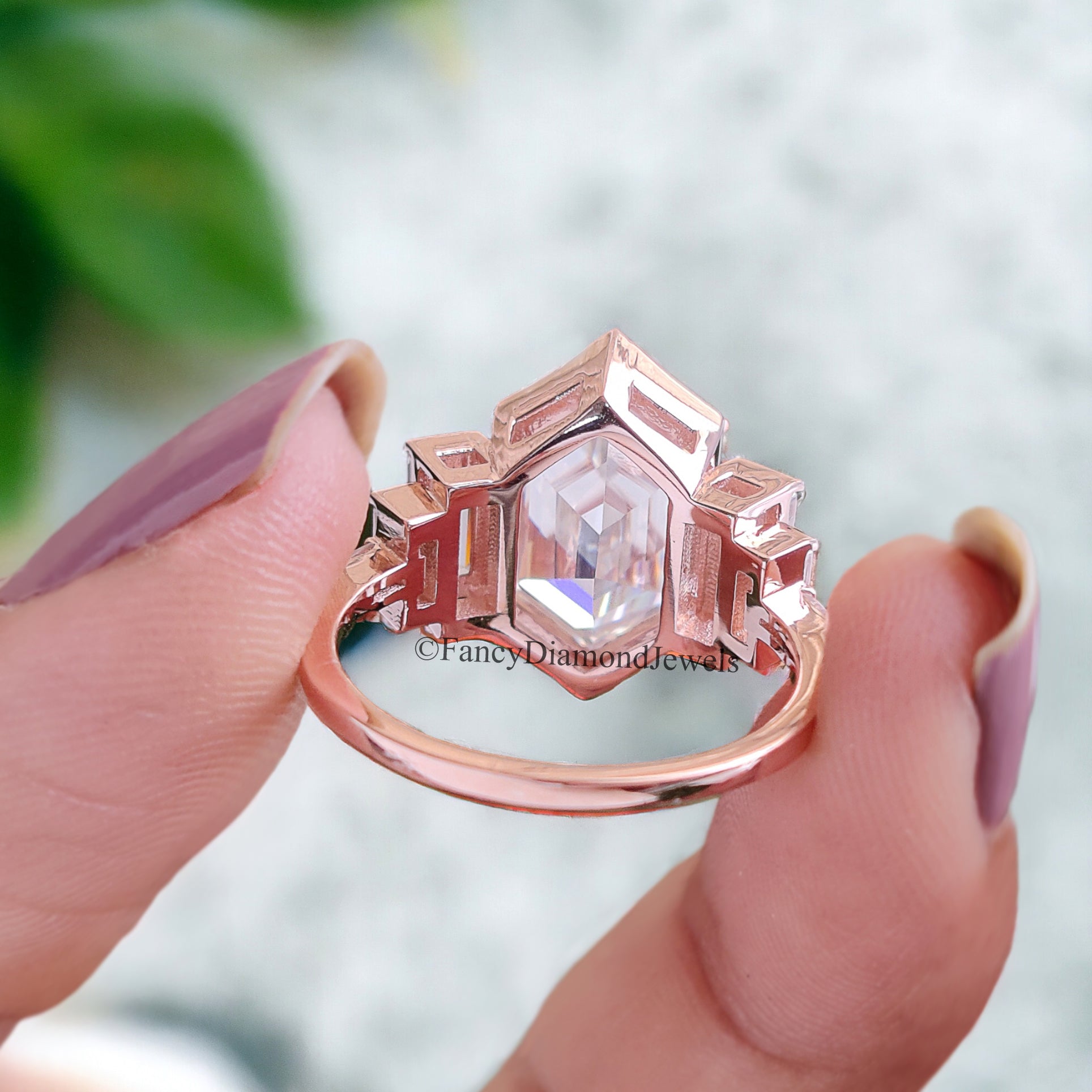 Hexagon Moissanite Engagement Ring Unique Rose Gold Engagement Ring Baguette Ring Bezel Set Art Deco Bridal Promise Anniversary Gift FD66