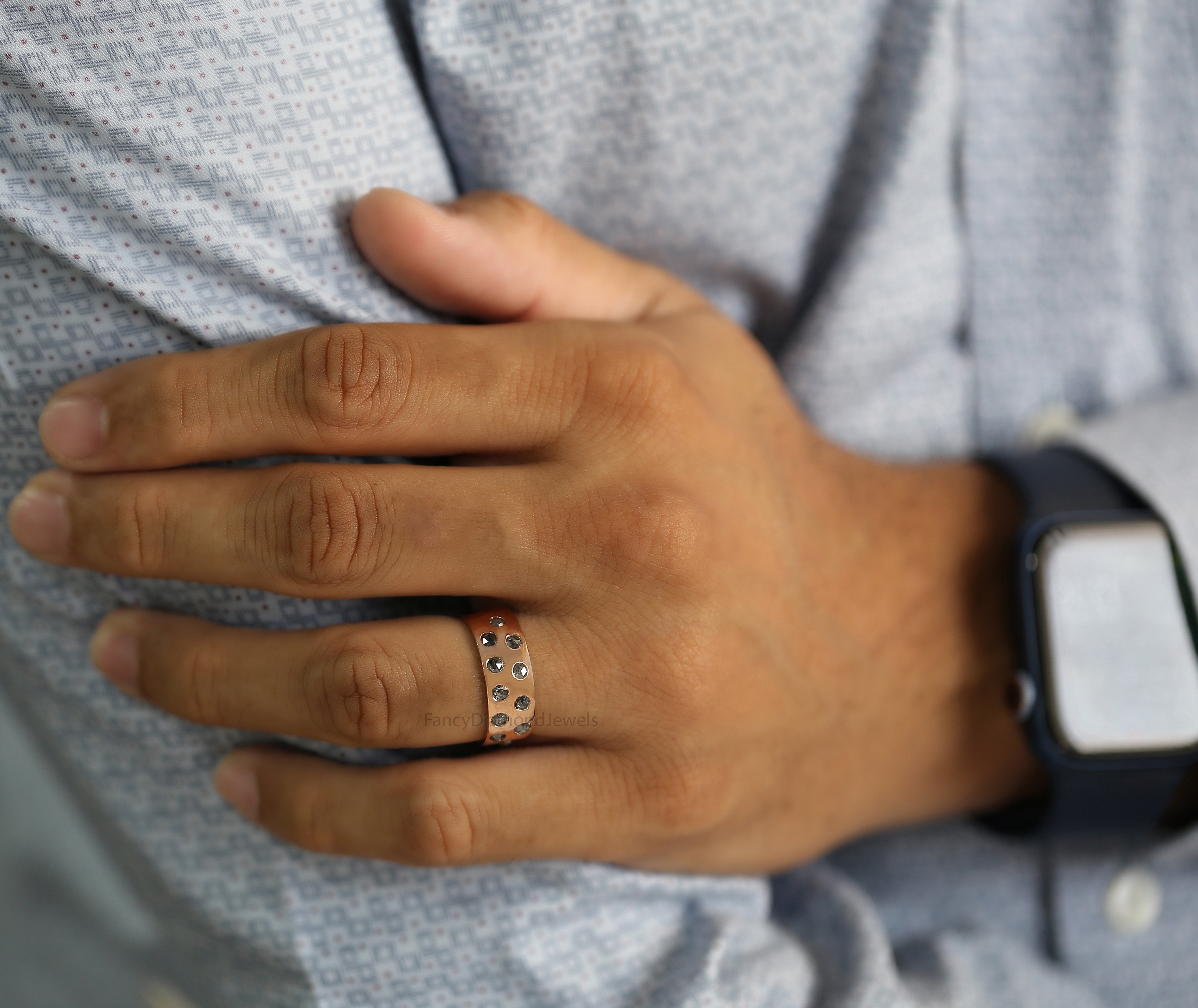 Round Rose Cut Salt And Pepper Diamond Band, Salt And Pepper Rose Cut Diamond Engagement Band, Rose Cut Diamond Band, Round Band KDL1552