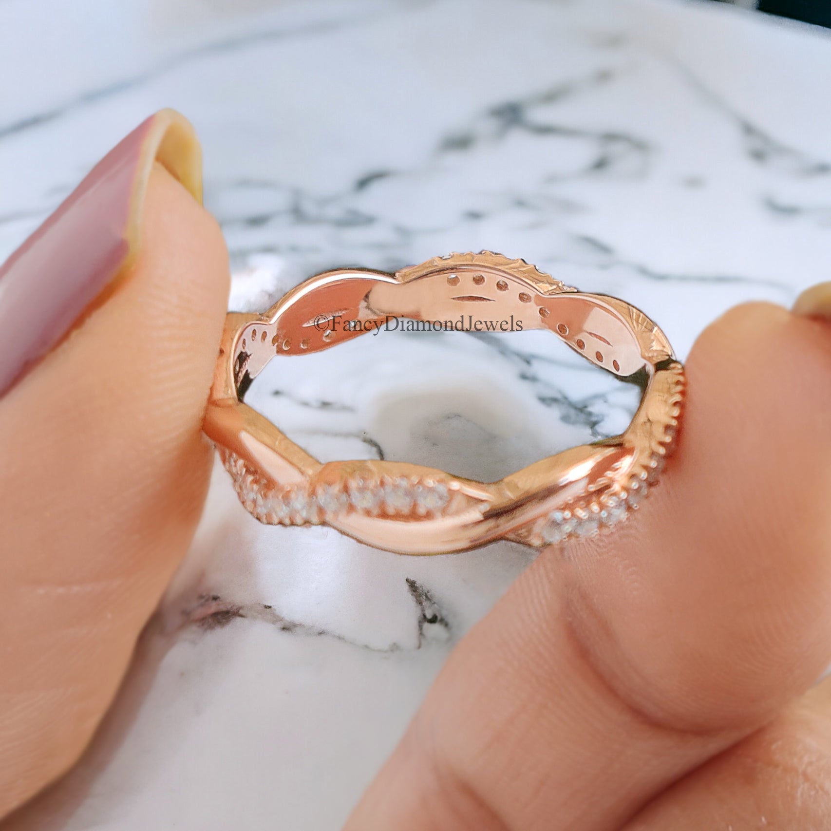 Unique Twisted Shank Wedding Band Rose Gold Matching Delicate Dainty Ring Stacking Full Eternity Bridal Wedding band Infinity band FD62