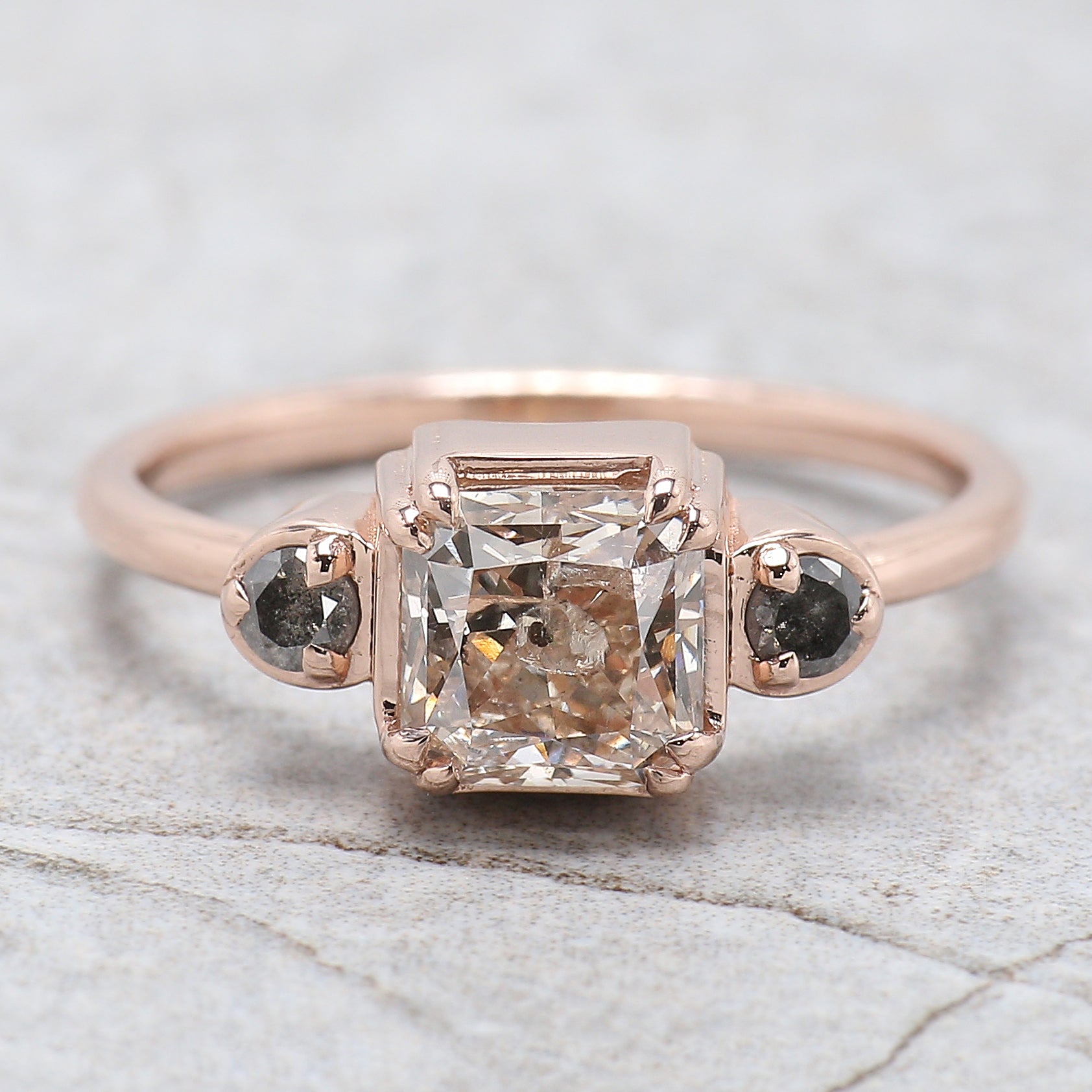 Radiant Salt And Pepper Diamond Ring 1.43 Ct 5.97 MM Radiant Diamond Ring 14K Solid Rose Gold Silver Engagement Ring Gift For Her QL2662