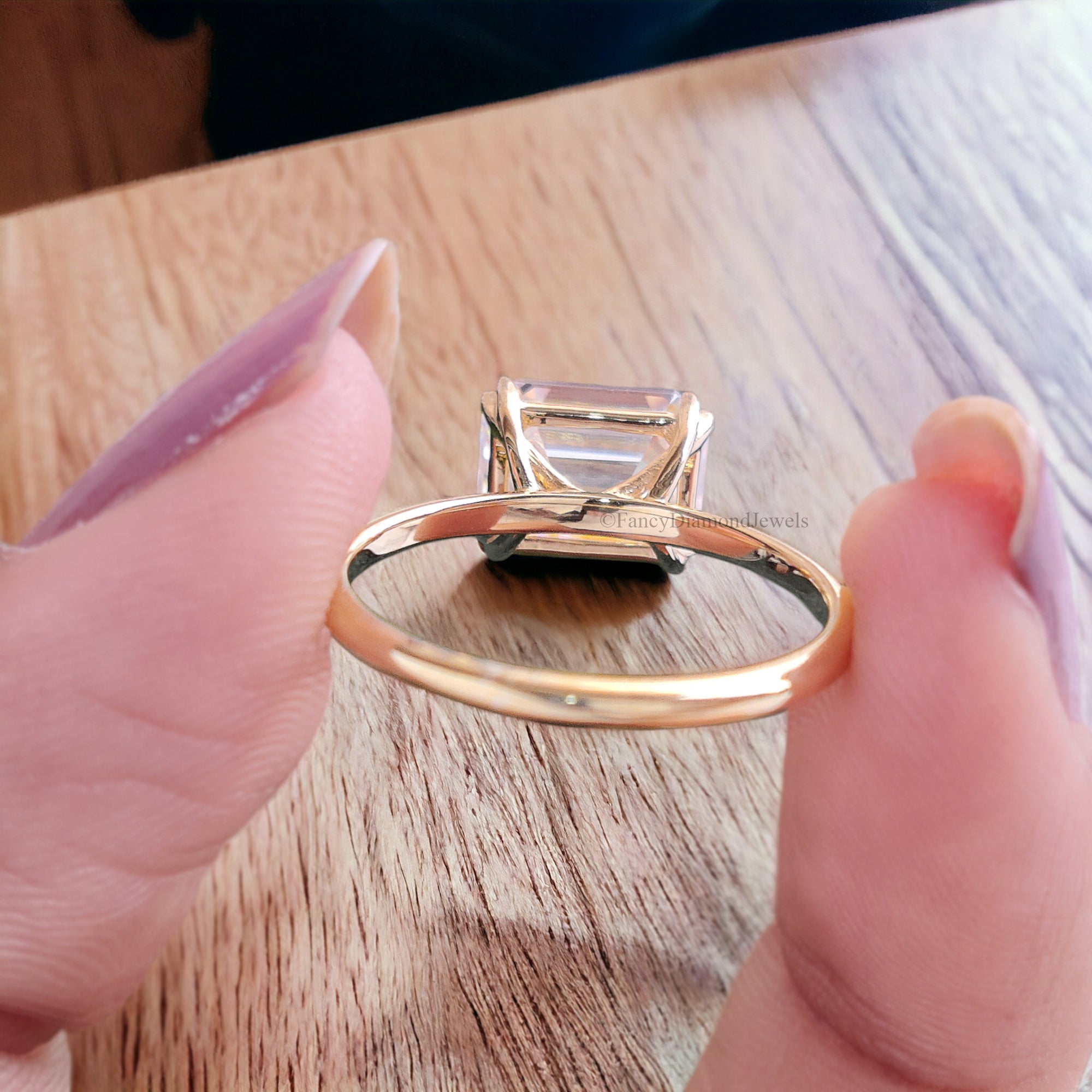 East To West Setting Ring Emerald Shape Engagement Ring Thin Band Solitaire Wedding Band Promise Ring 14K Yellow Gold Gift for Her FD127