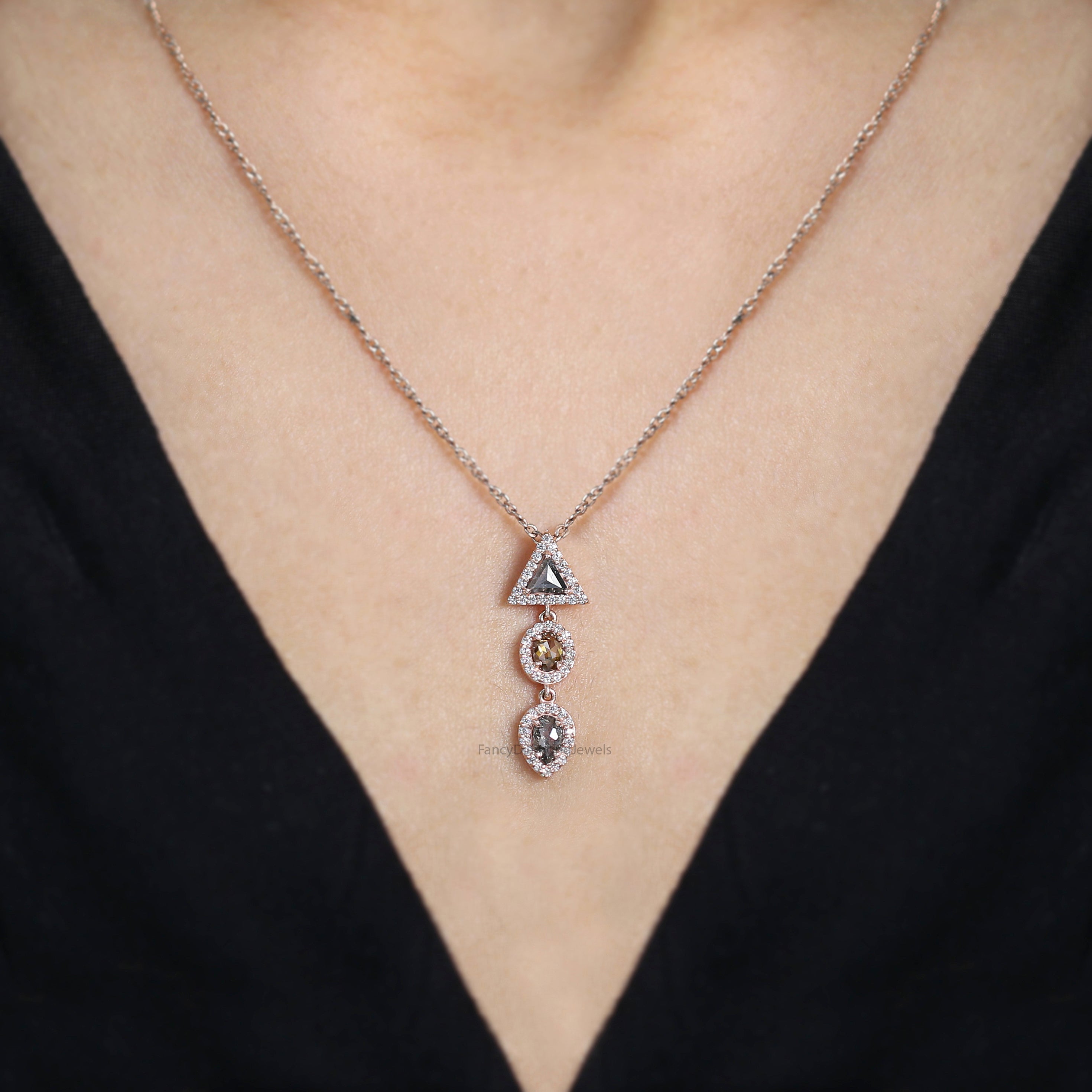 Mix Shape Black Grey Diamond Pendant 0.71 Ct 5.35 MM Mix Shape Diamond Pendant 14K Solid Rose Gold Engagement Pendant Gift For Her QL1186