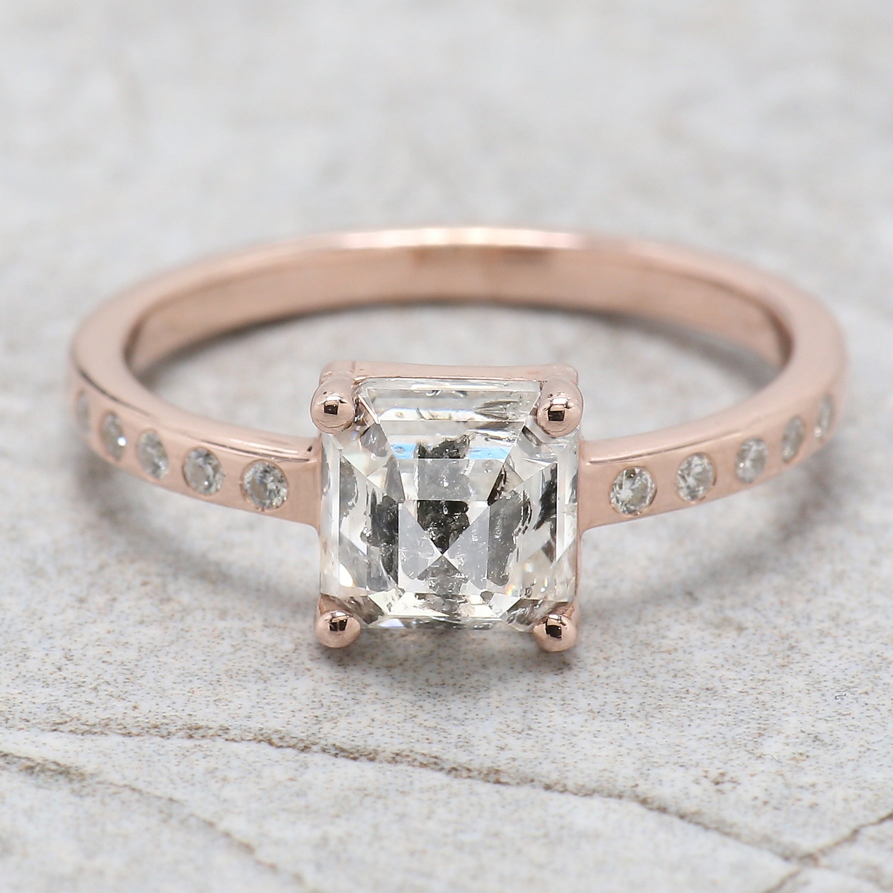 Radiant Cut Salt And Pepper Diamond Ring 2.08 Ct 6.33 MM Radiant Diamond Ring 14K Solid Rose Gold Silver Engagement Ring Gift For Her QL2656