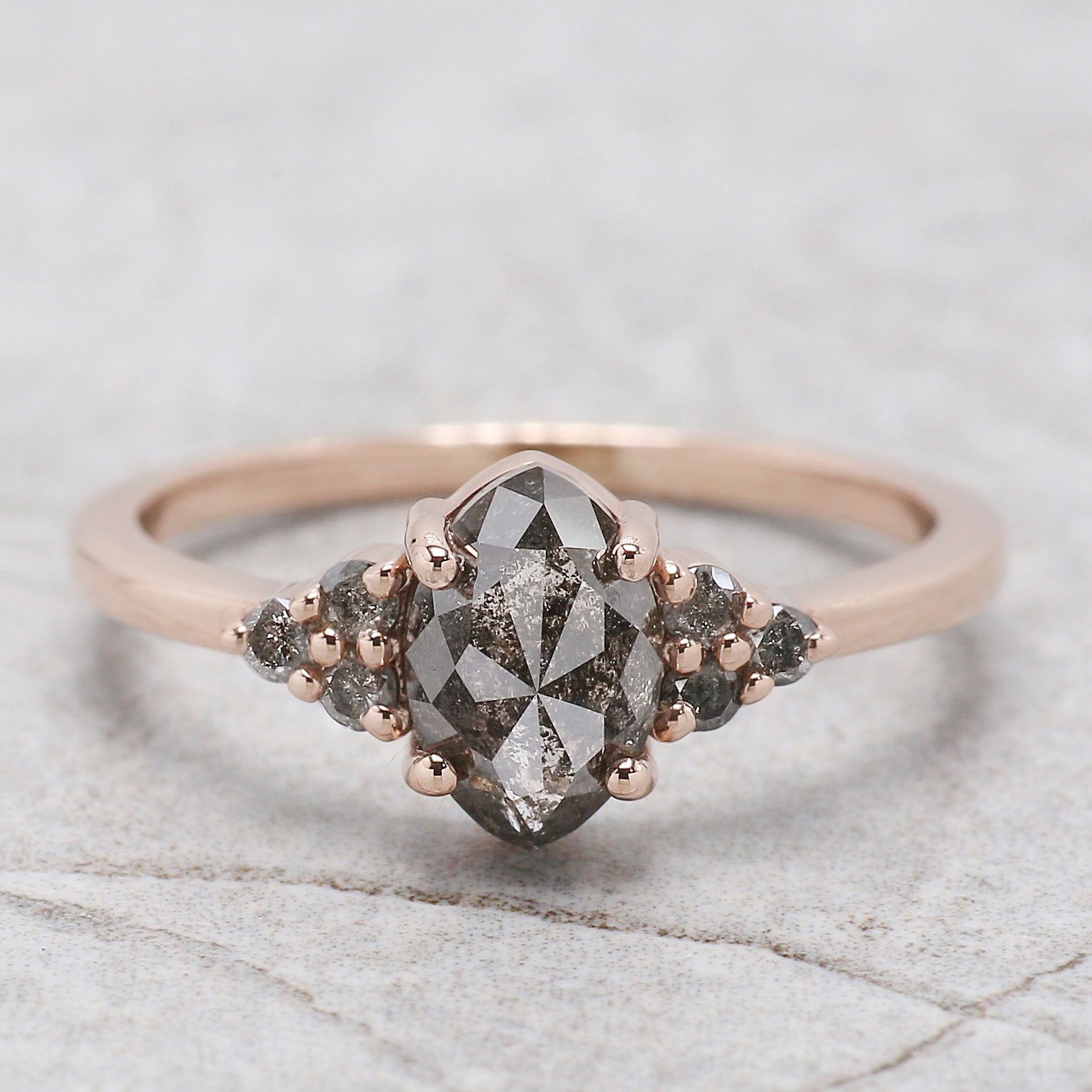 Marquise Cut Salt And Pepper Diamond Ring 1.36 Ct 8.00 MM Marquise Diamond Ring 14K Solid Rose Gold Engagement Ring Gift For Her KDL3474