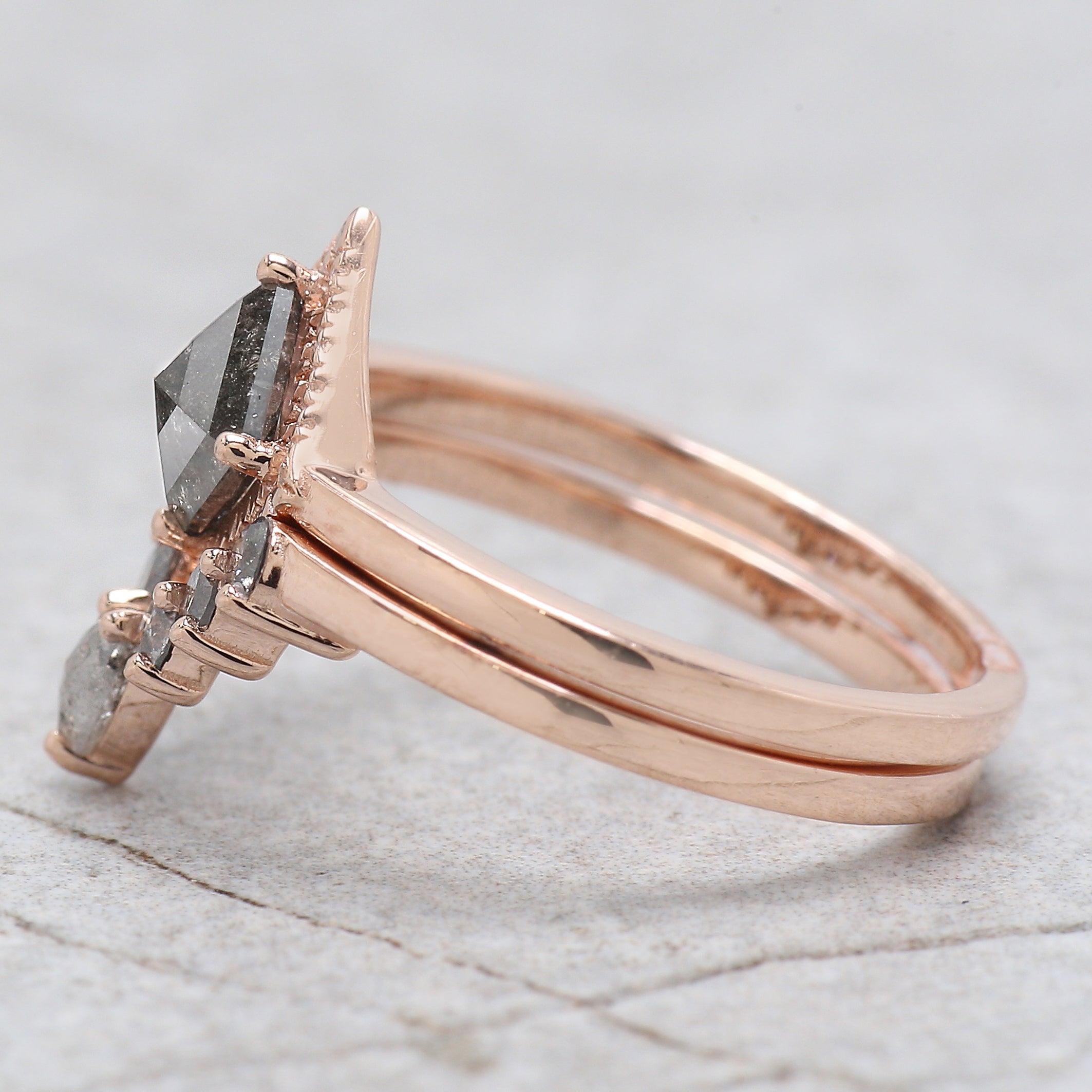 Kite Cut Salt And Pepper Diamond Ring 0.60 Ct 6.80 MM Kite Diamond Ring 14K Solid Rose Gold Silver Kite Engagement Ring Gift For Her QL159