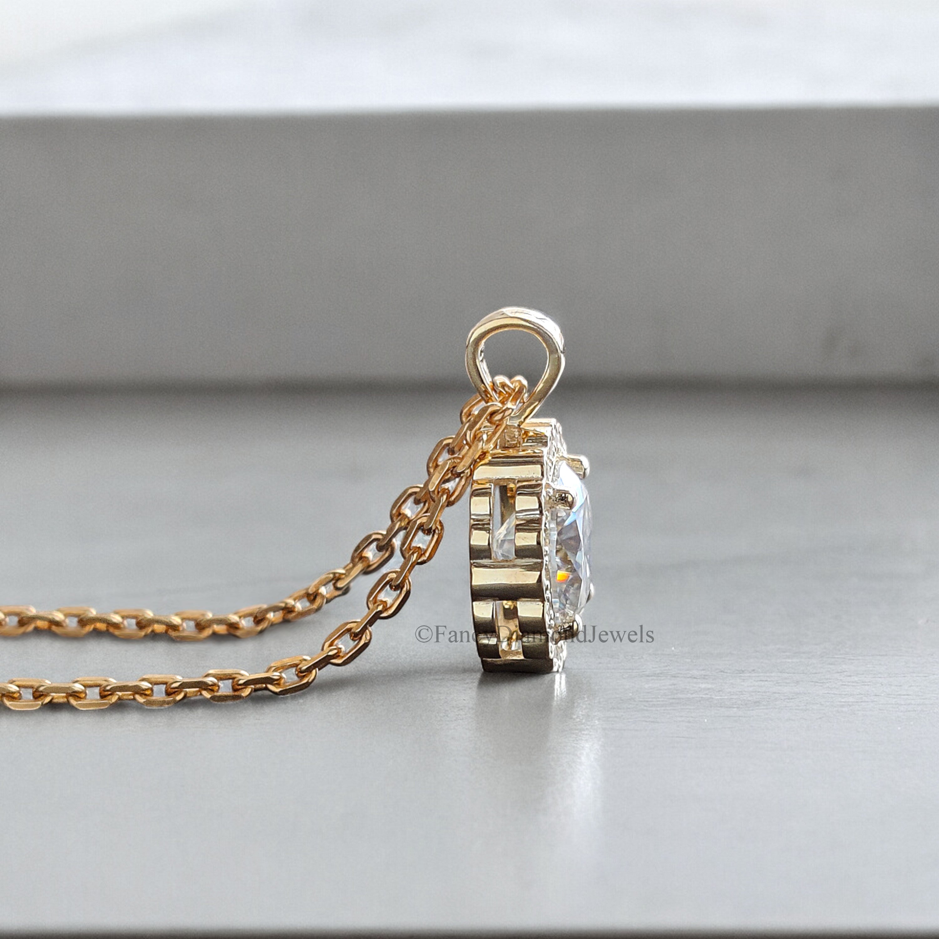 Yellow Gold Halo Pendant Necklace for Women Round Cut Pendant Necklace with Moissanite Stones Necklace for Teen Girls and Women FD189
