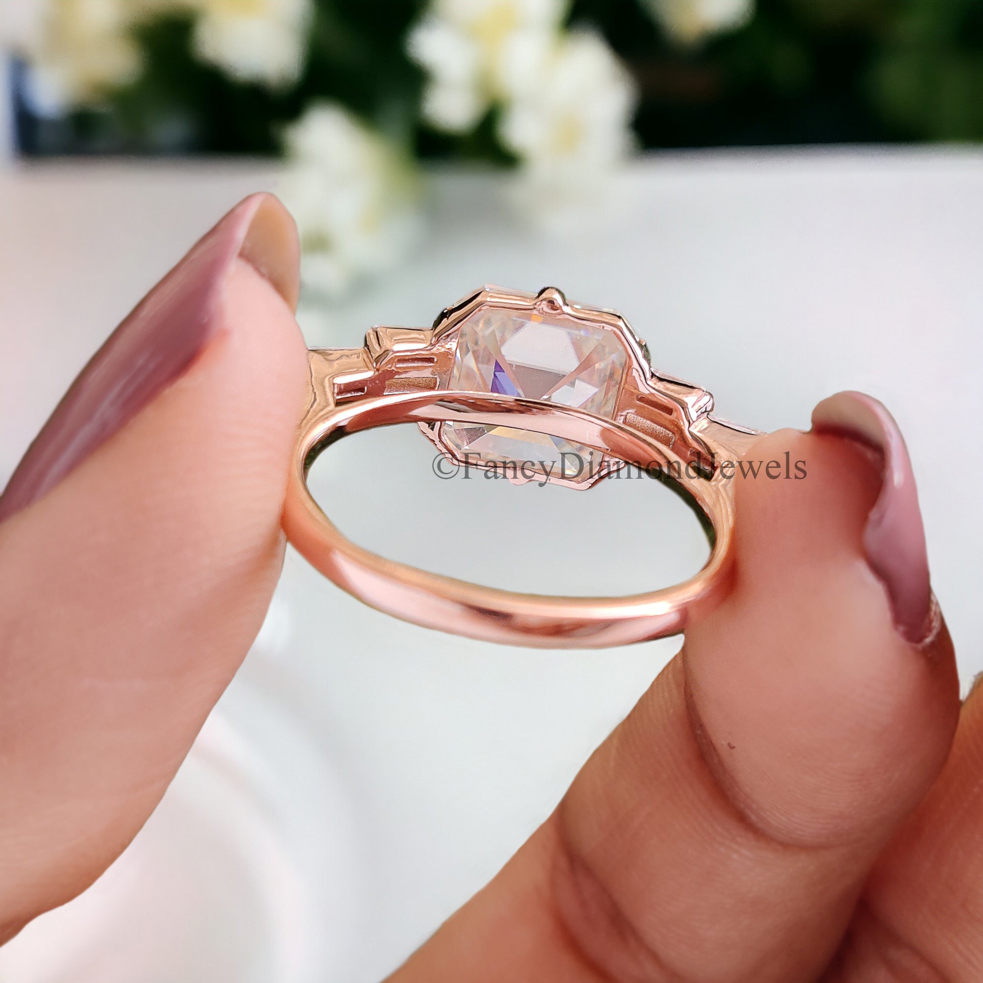 Perfect Anniversary Gift 2.50 CT Asscher Cut Colorless Moissanite Engagement Ring Side baguette Moissanite Wedding Ring Bridal Set Ring FD85