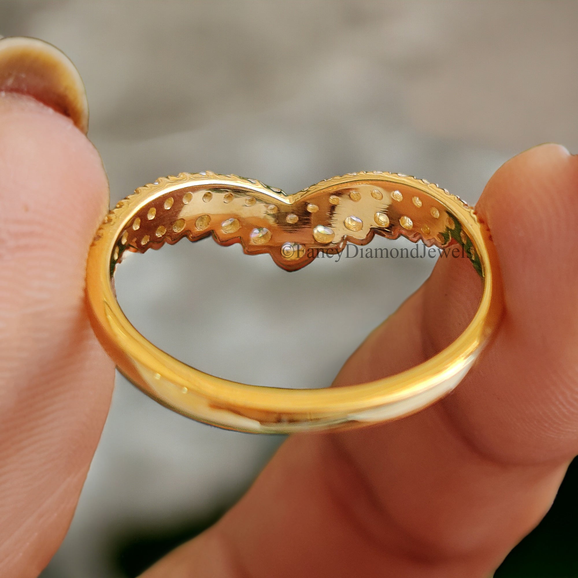 Vintage Diamond wedding band Yellow gold Round cut moissanite matching band Stacking Band curved wedding band Unique Anniversary ring FD41