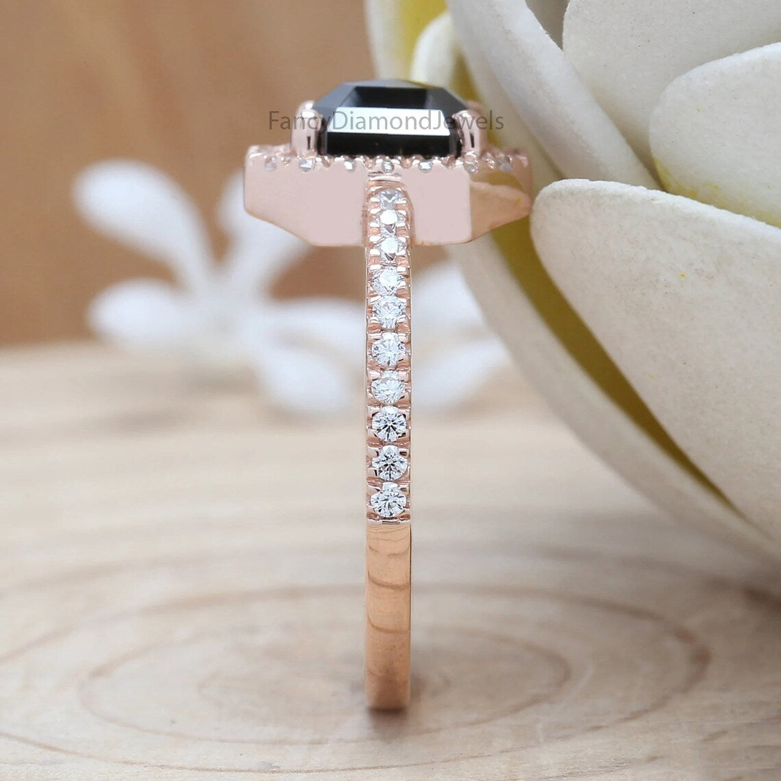 Emerald Cut Black Color Diamond Ring 1.38 Ct 7.00 MM Emerald Diamond Ring 14K Solid Rose Gold Silver Engagement Ring Gift For Her QK2087