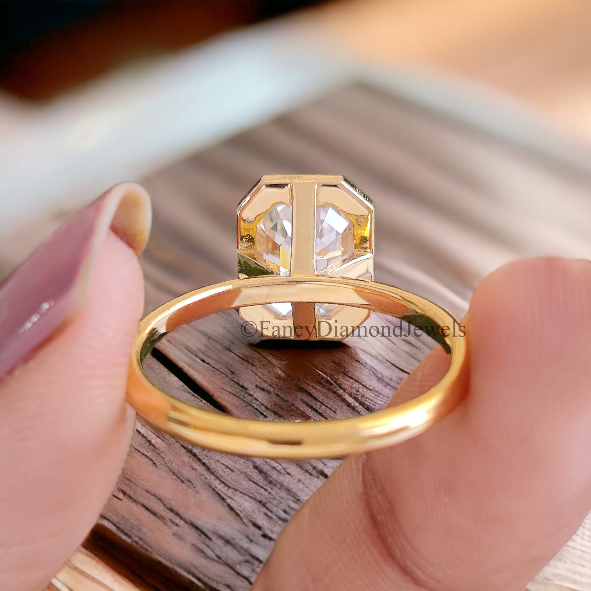 2.5 CT Emerald Cut Moissanite Solitaire Ring 14K Yellow Gold Engagement Ring Bezel Setting Statement Ring Gift For Her Anniversary Ring FD48