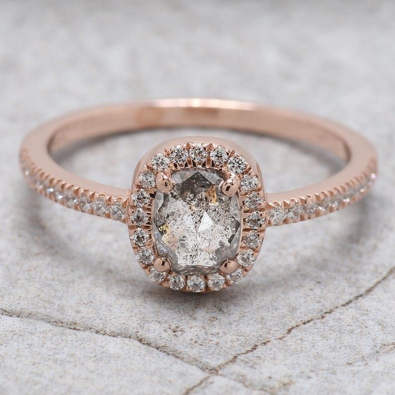 Oval Cut Salt And Pepper Diamond Ring 0.68 Ct 5.90 MM Oval Diamond Ring 14K Solid Rose Gold Silver Oval Engagement Ring Gift For Her QL8745