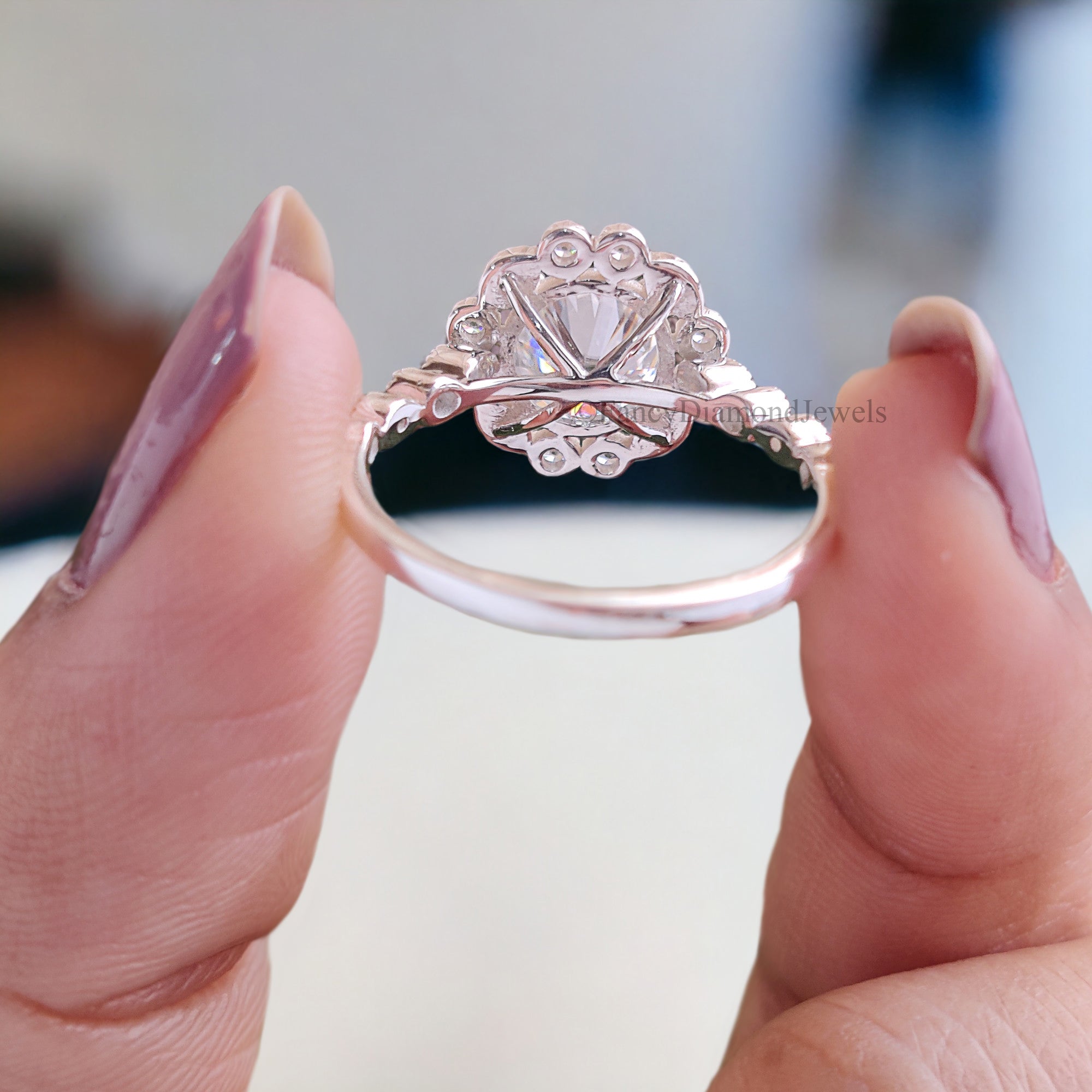 Round Cut Moissanite Engagement Ring Halo Milgrain Engagement Ring Handmade Jewelry White Gold Wedding Ring Surprise Gifts for Her FD124