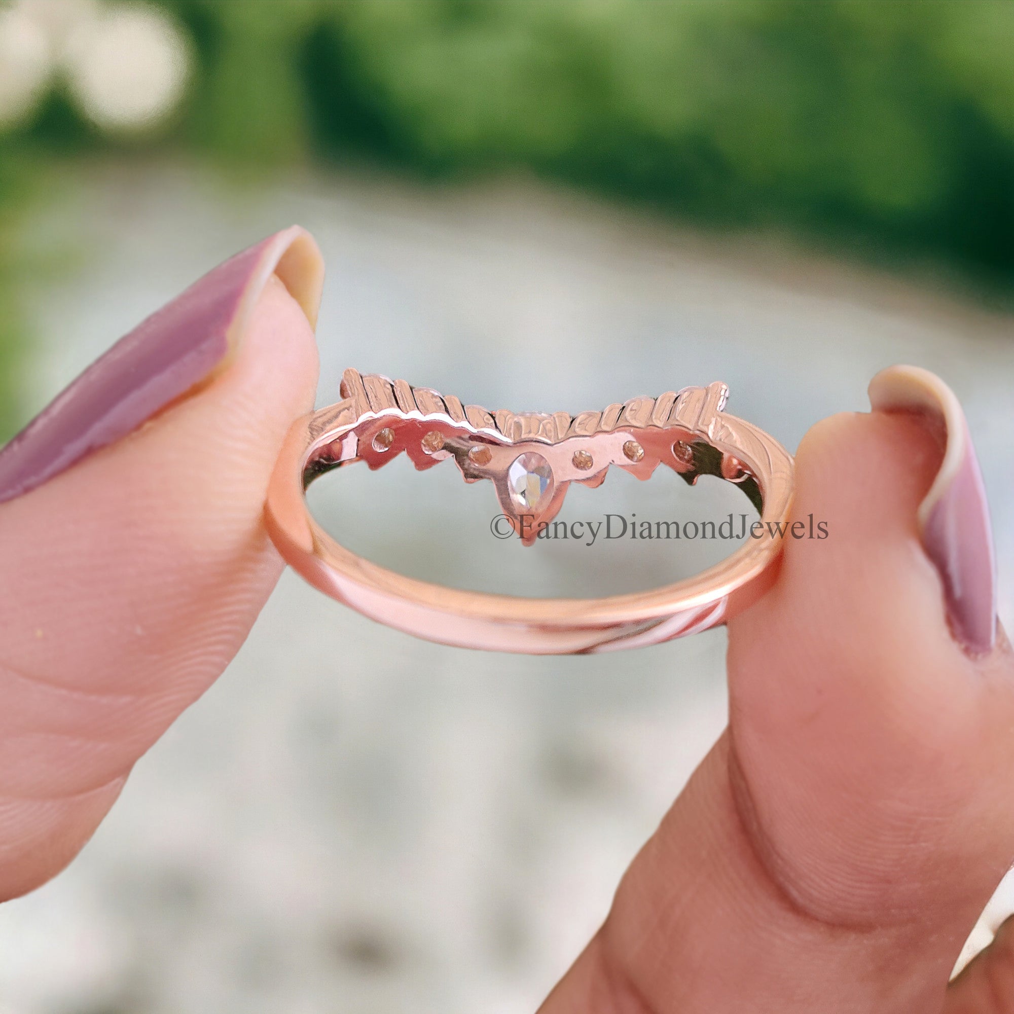 Curved Wedding Band Antique Moissanite Ring Pear cut Moissanite Wedding Band Rose Gold Unique Matching ring Anniversary dainty band FD60