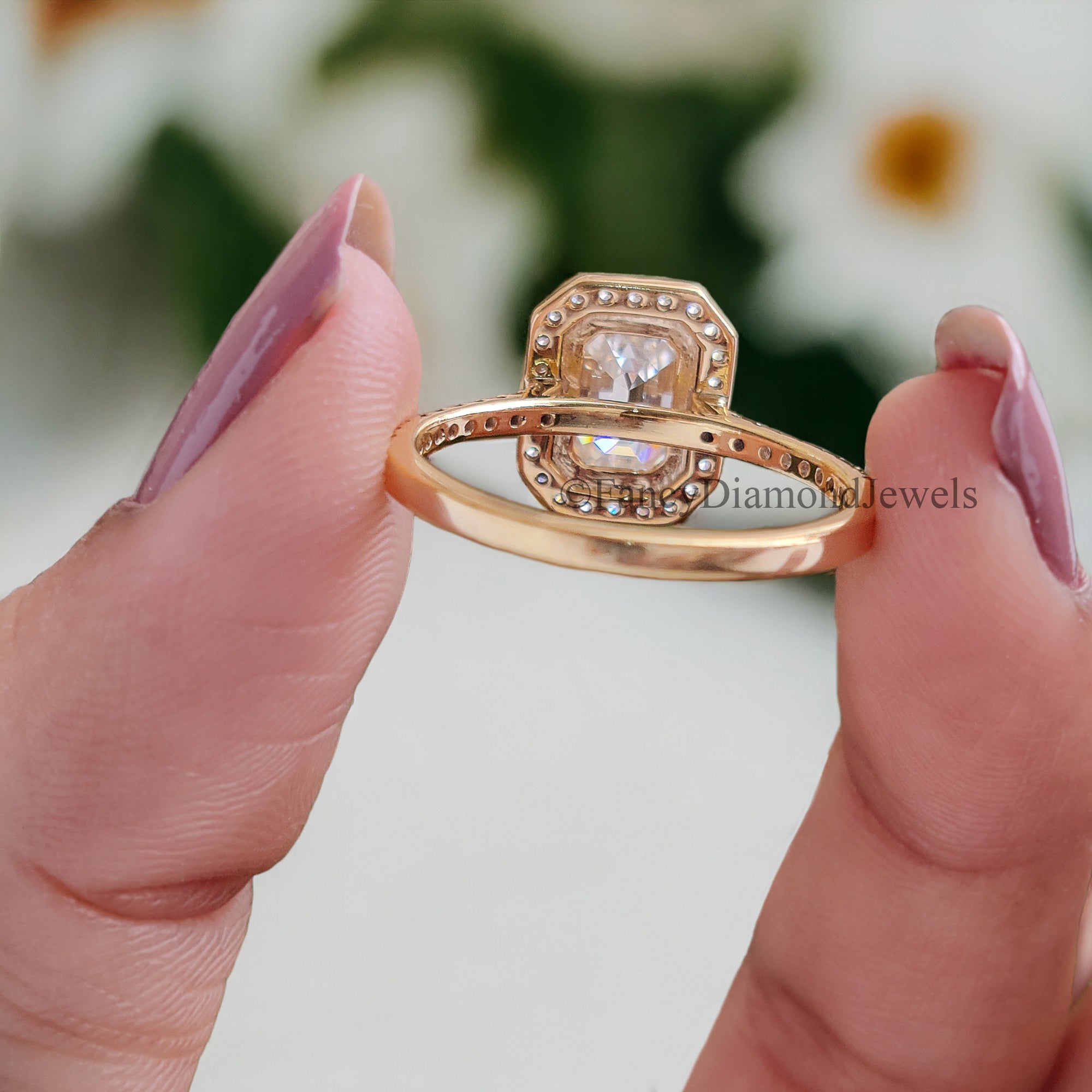 1.5 CT Emerald Cut Moissanite Solitaire Ring 14K Yellow Gold Engagement Ring Halo Setting Statement Ring Gift For Her Anniversary Ring FD89