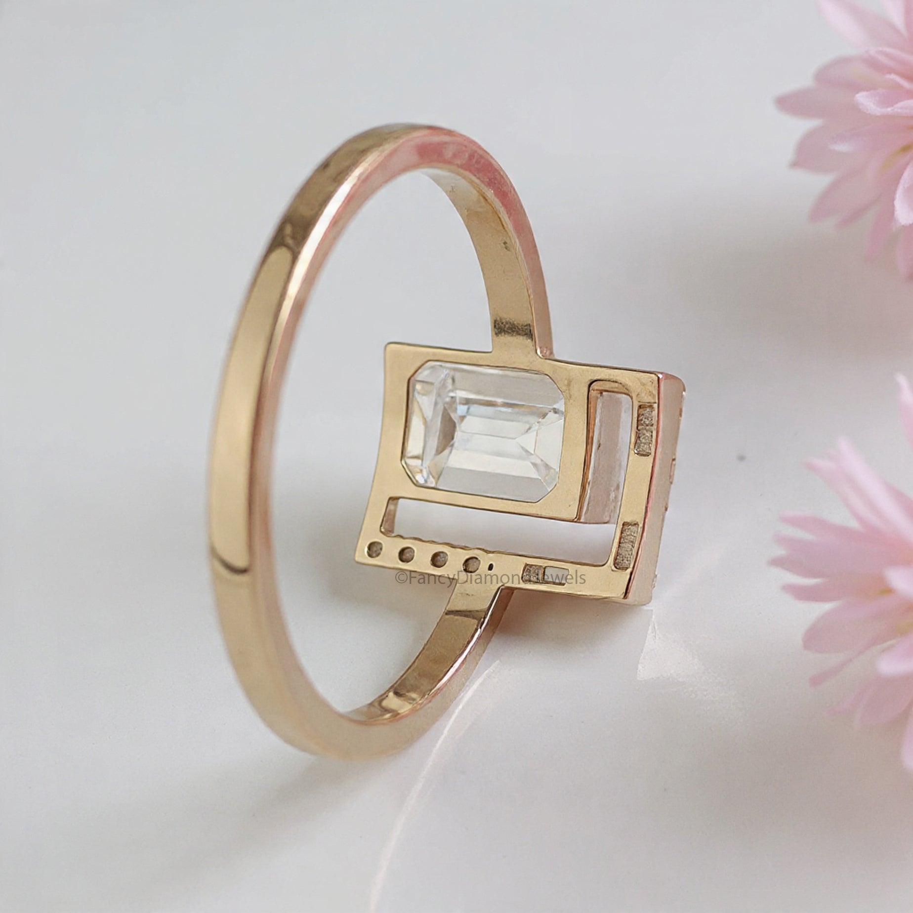 1.05 CT Emerald cut Lab Grown Baguette Diamond Engagement Ring Emerald Diamond Statement ring Half Bezel Set Emerald Ring for Her FD469