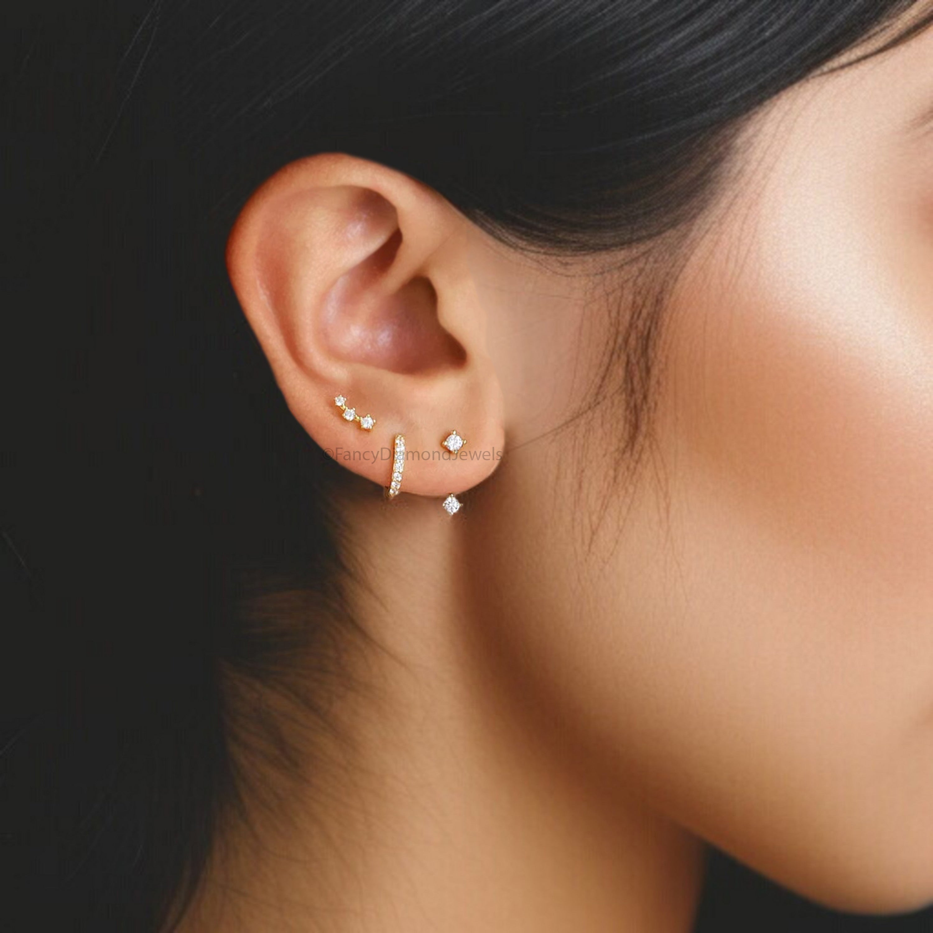 Front Back Earring Set ear jacket Round Brilliant Cut Colorless Moissanite Gold Ear Cuff jacket earrings minimal earring Gold Ear Wrap FD327