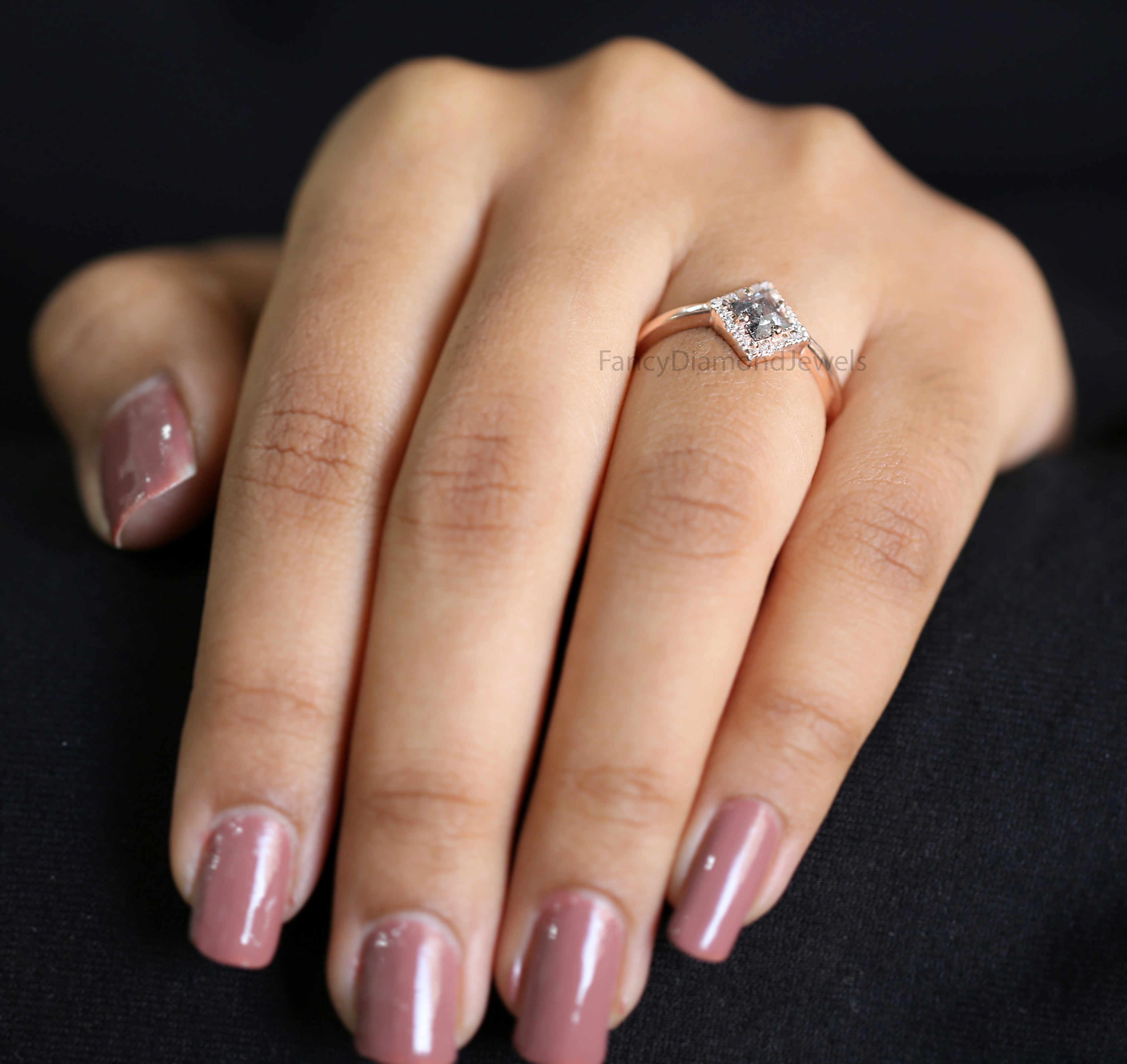 Kite Salt And Pepper Diamond Ring, Natural Kite Diamond Ring, Kite Diamond Engagement Ring, Kite Halo Diamond Ring, Kite Cut Ring KD1124