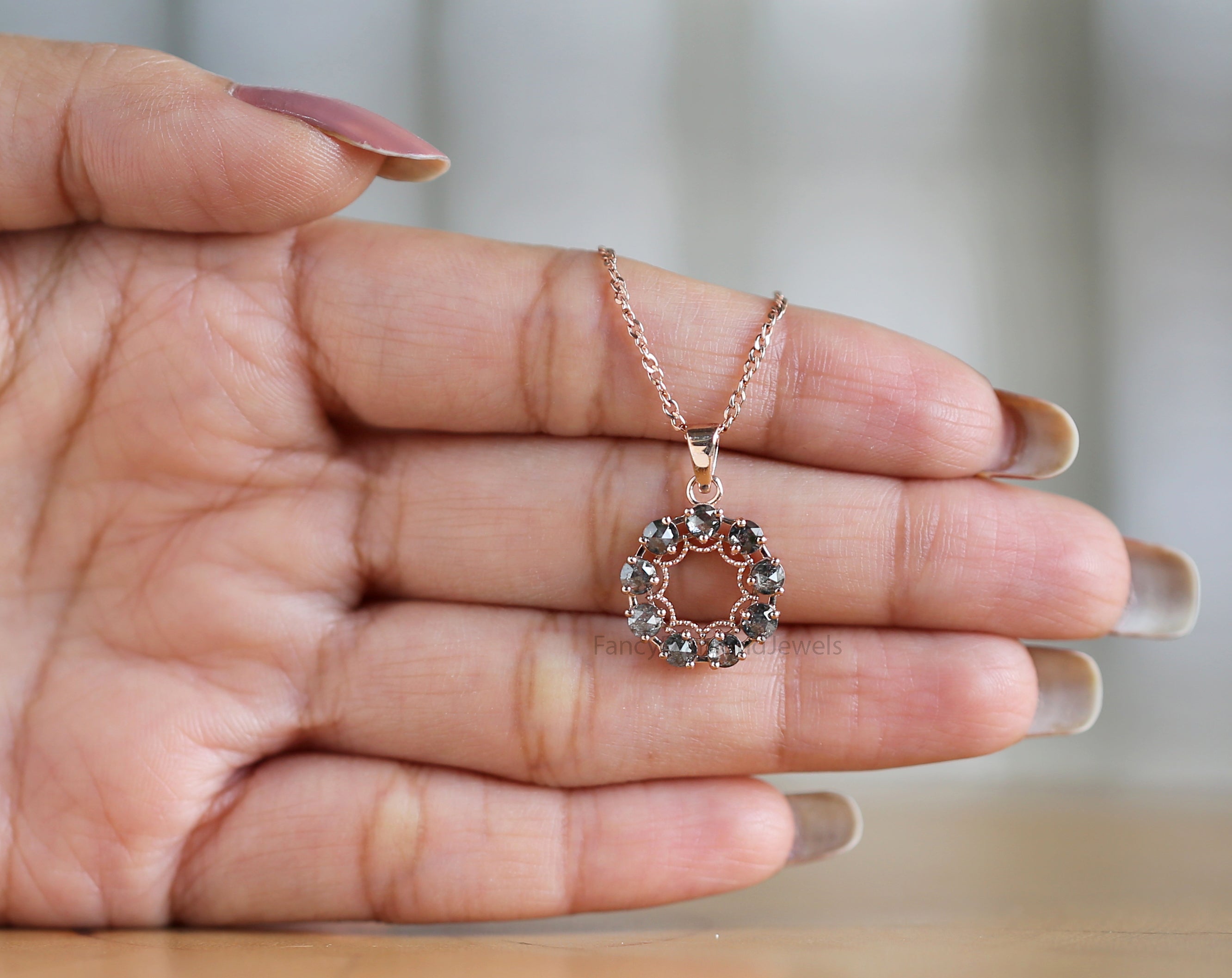 Round Rose Cut Salt And Pepper Diamond Pendant, Unique Diamond Pendant, Round Cut Diamond Pendant, Dangling Diamond Pendant KD1185