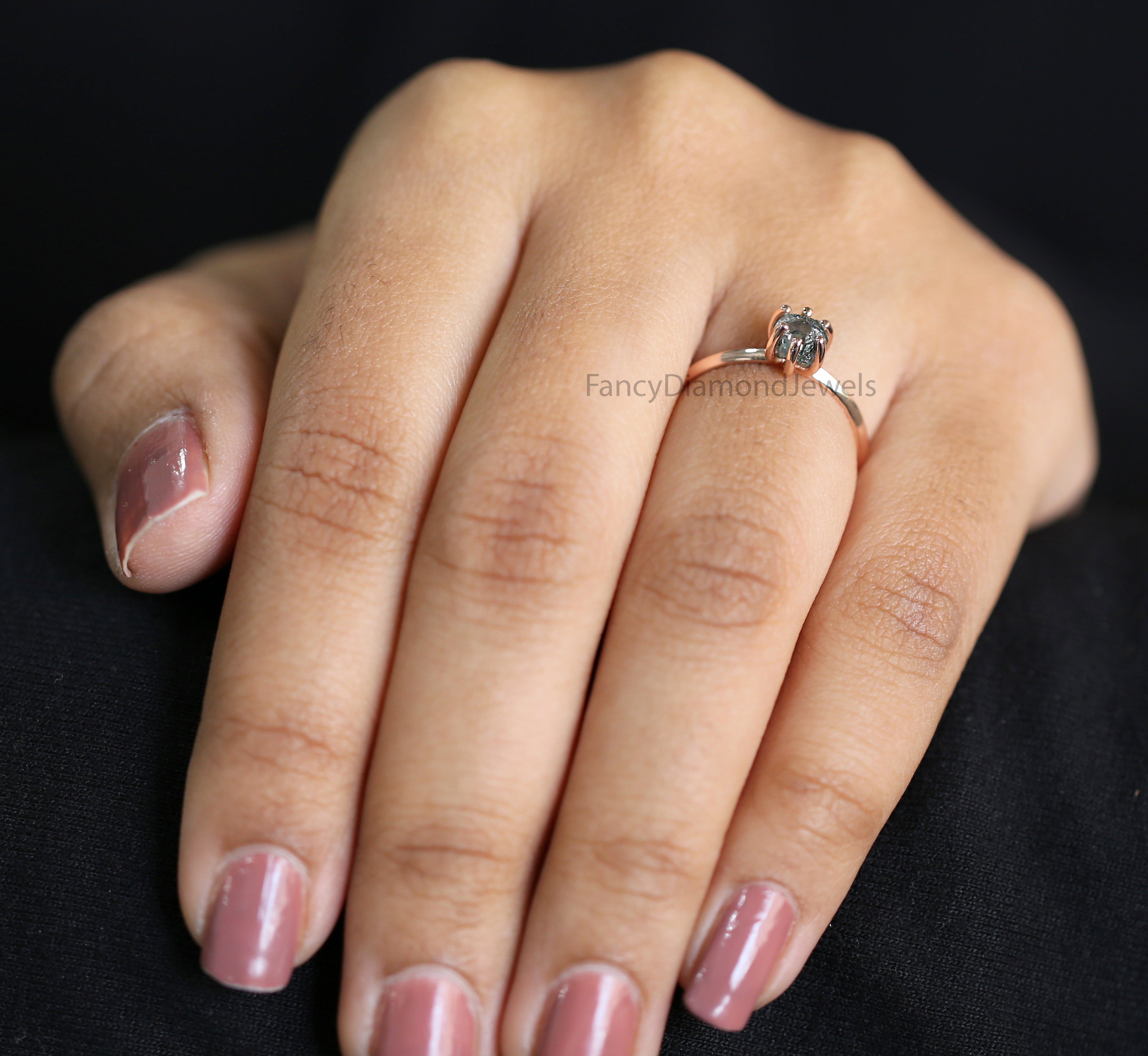 Rough Blue Color Diamond Ring 0.79 Ct 5.51 MM Crystal Rough Diamond Ring 14K Solid Rose Gold Silver Engagement Ring Gift For Her QK2532