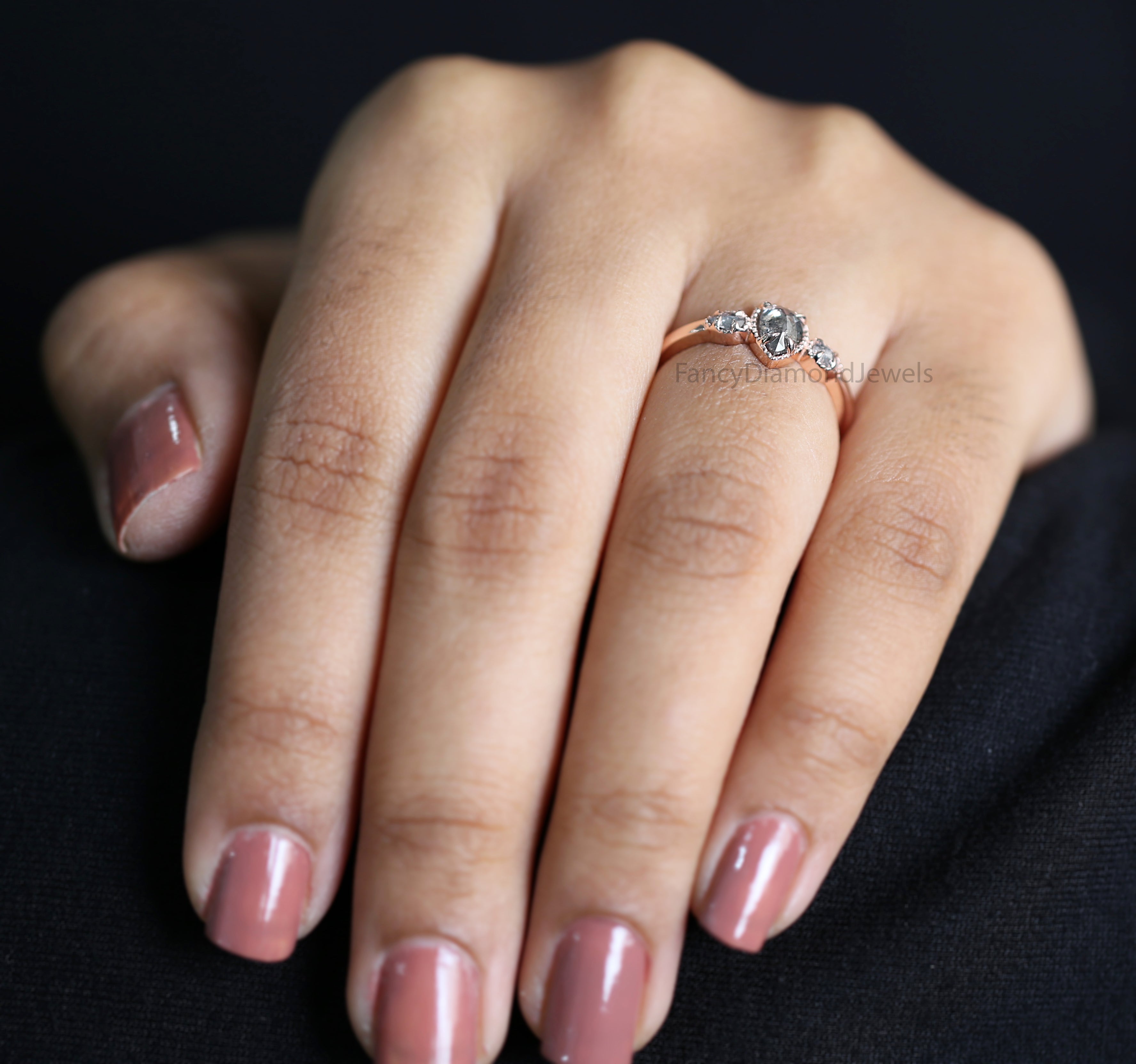 Pear Salt And Pepper Diamond Ring, Natural Pear Diamond Ring, Pear Diamond Engagement Ring, Pear Shape Diamond Ring, Pear Cut Ring, KD1133