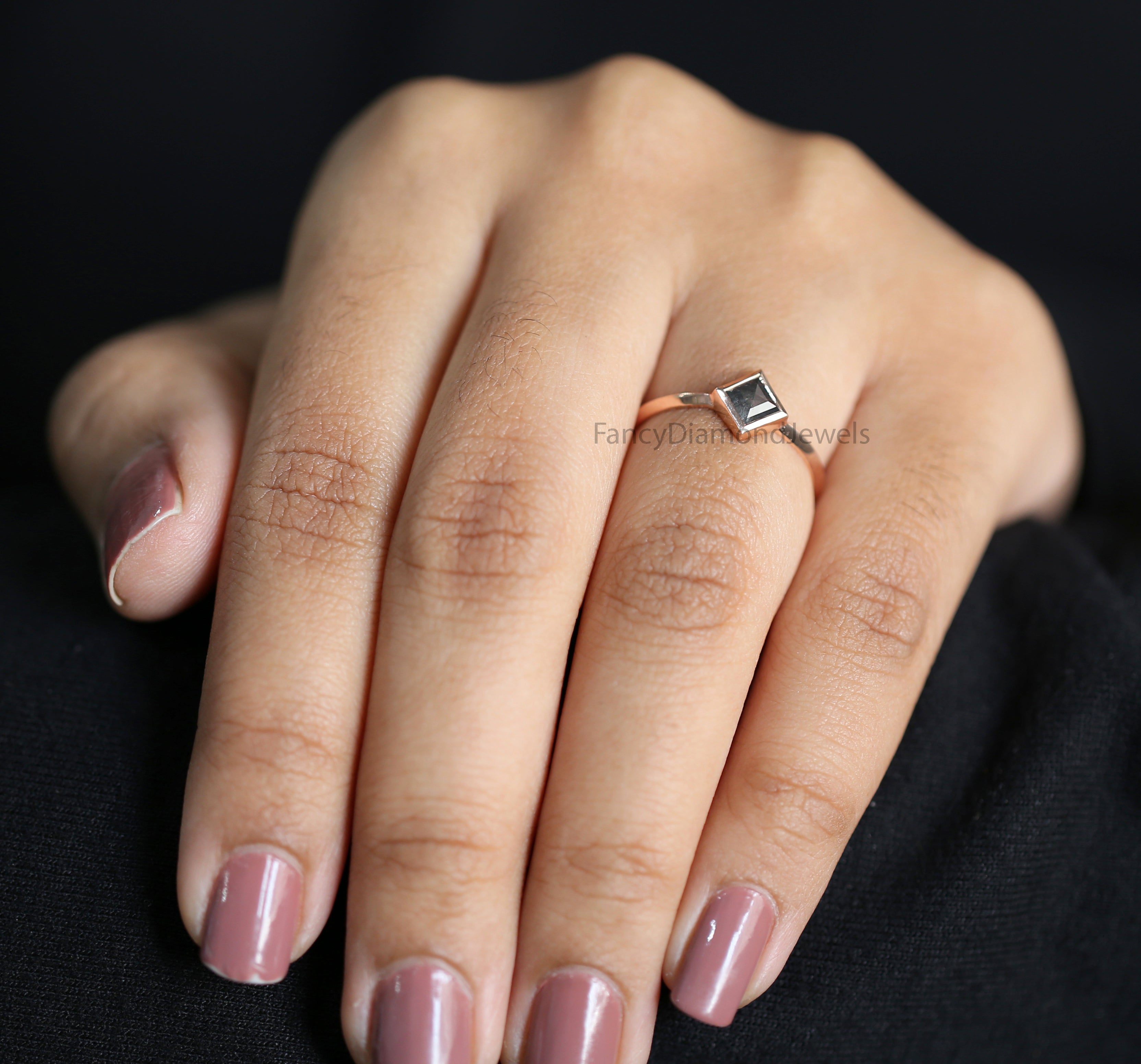 Kite Cut Salt And Pepper Diamond Ring 0.50 Ct 6.14 MM Kite Diamond Ring 14K Solid Rose Gold Silver Kite Engagement Ring Gift For Her QK2572