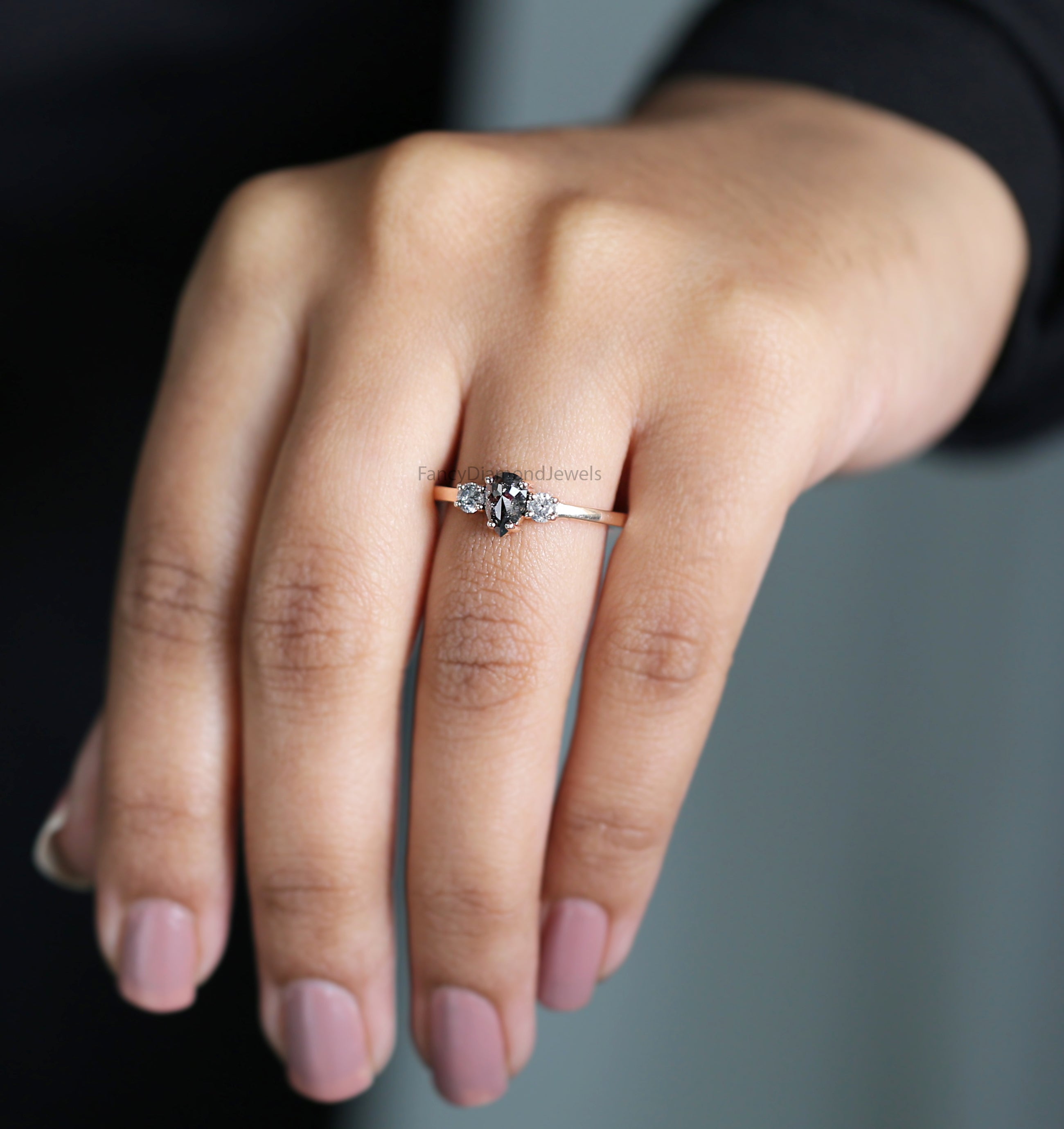 Pear Cut Salt And Pepper Diamond Ring 0.62 Ct 6.67 MM Pear Diamond Ring 14K Solid Rose Gold Silver Pear Engagement Ring Gift For Her QL3026