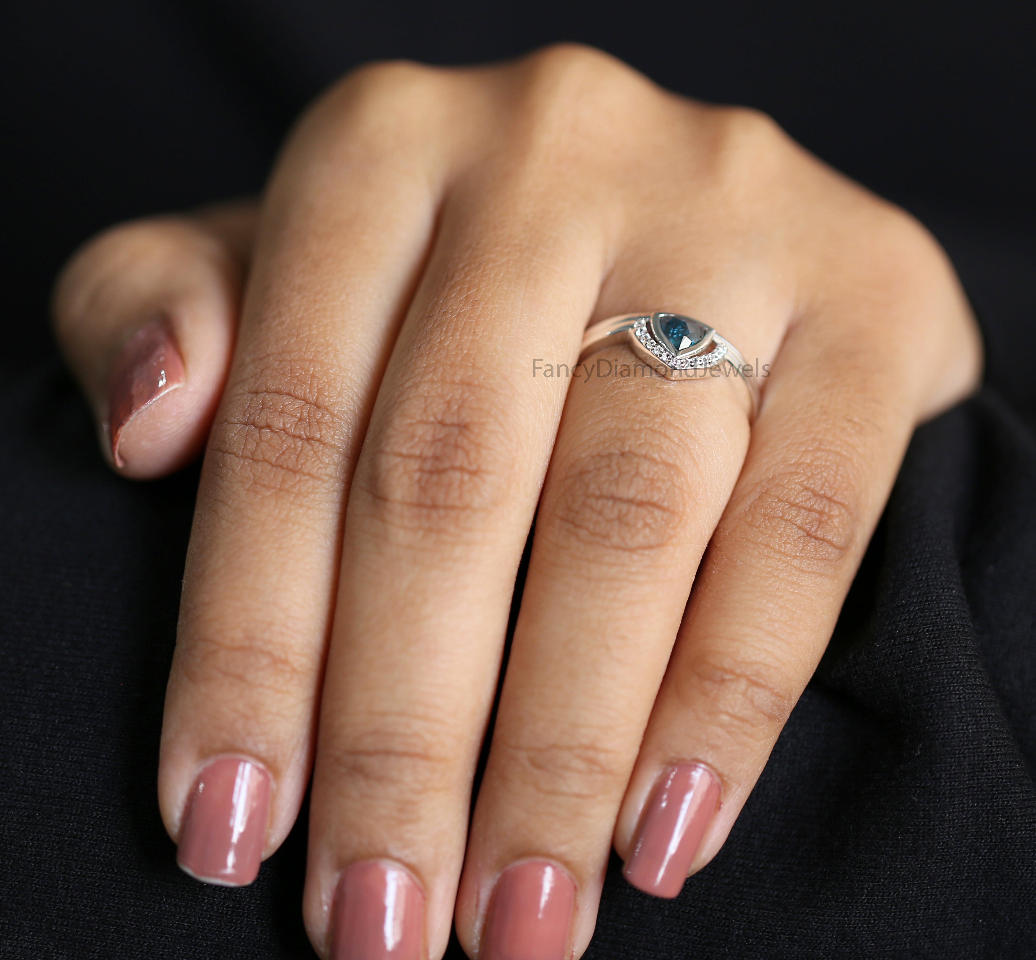 Triangle Cut Blue Color Diamond Ring 0.55 Ct 5.15 MM Triangle Shape Diamond Ring 14K White Gold Silver Engagement Ring Gift For Her QL3136