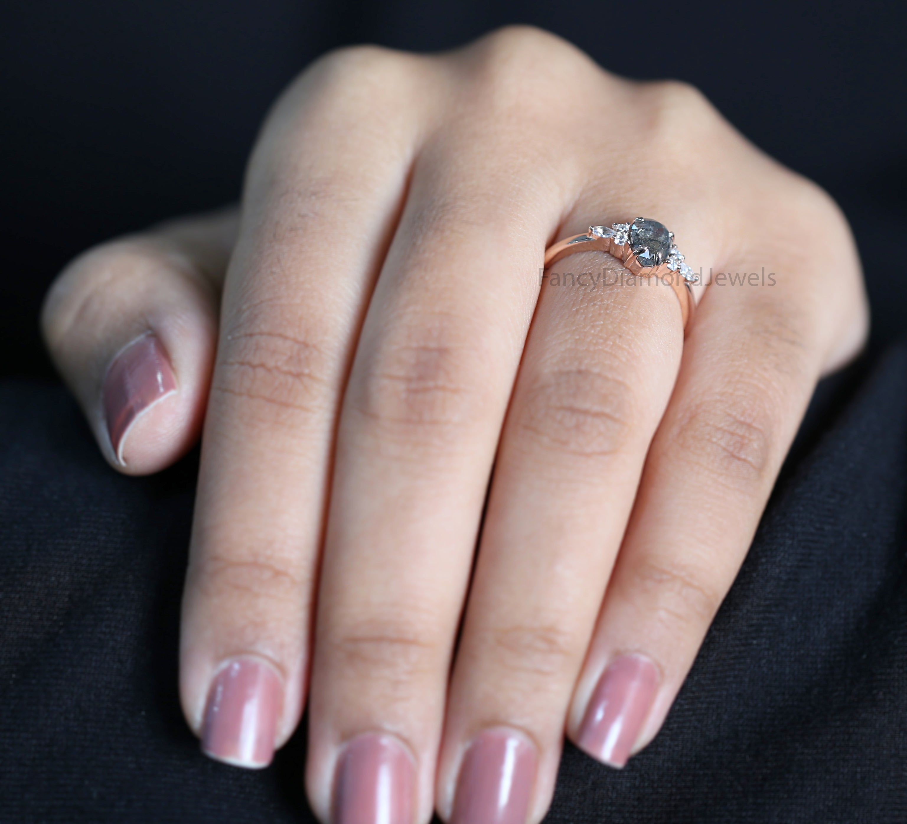 Pear Cut Salt And Pepper Diamond Ring 0.85 Ct 7.06 MM Pear Diamond Ring 14K Solid Rose Gold Silver Pear Engagement Ring Gift For Her QL2866