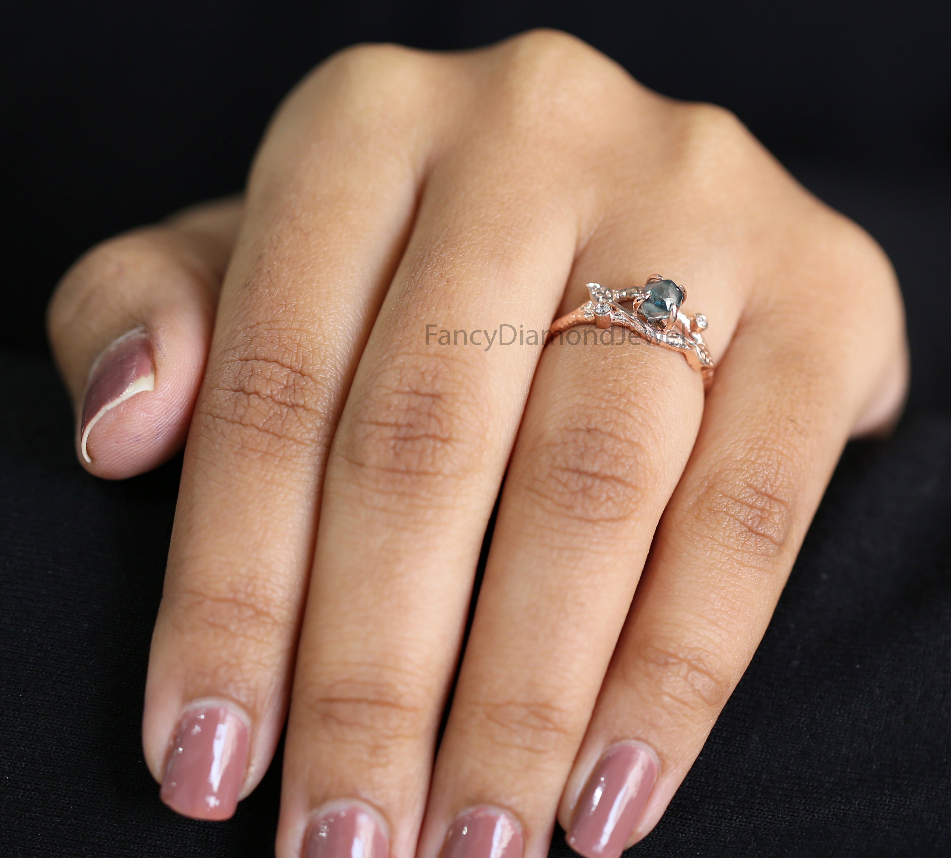 Rough Blue Color Diamond Ring 0.81 Ct 5.45 MM Crystal Rough Diamond Ring 14K Solid Rose Gold Silver Engagement Ring Gift For Her QL2228