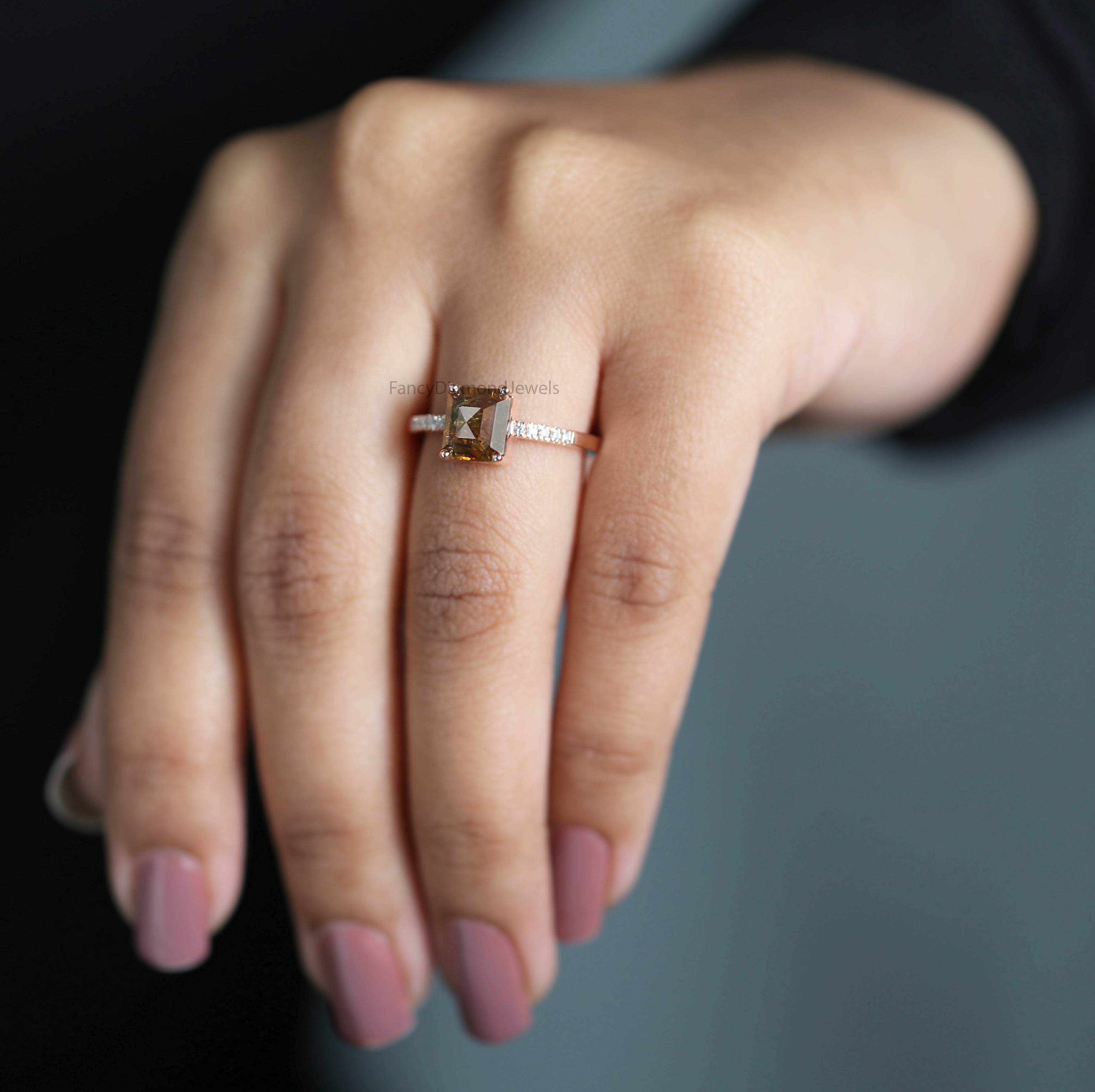 Radiant Cut Brown Color Diamond Ring 1.46 Ct 7.60 MM Radiant Diamond Ring 14K Solid Rose Gold Silver Engagement Ring Gift For Her QN9224