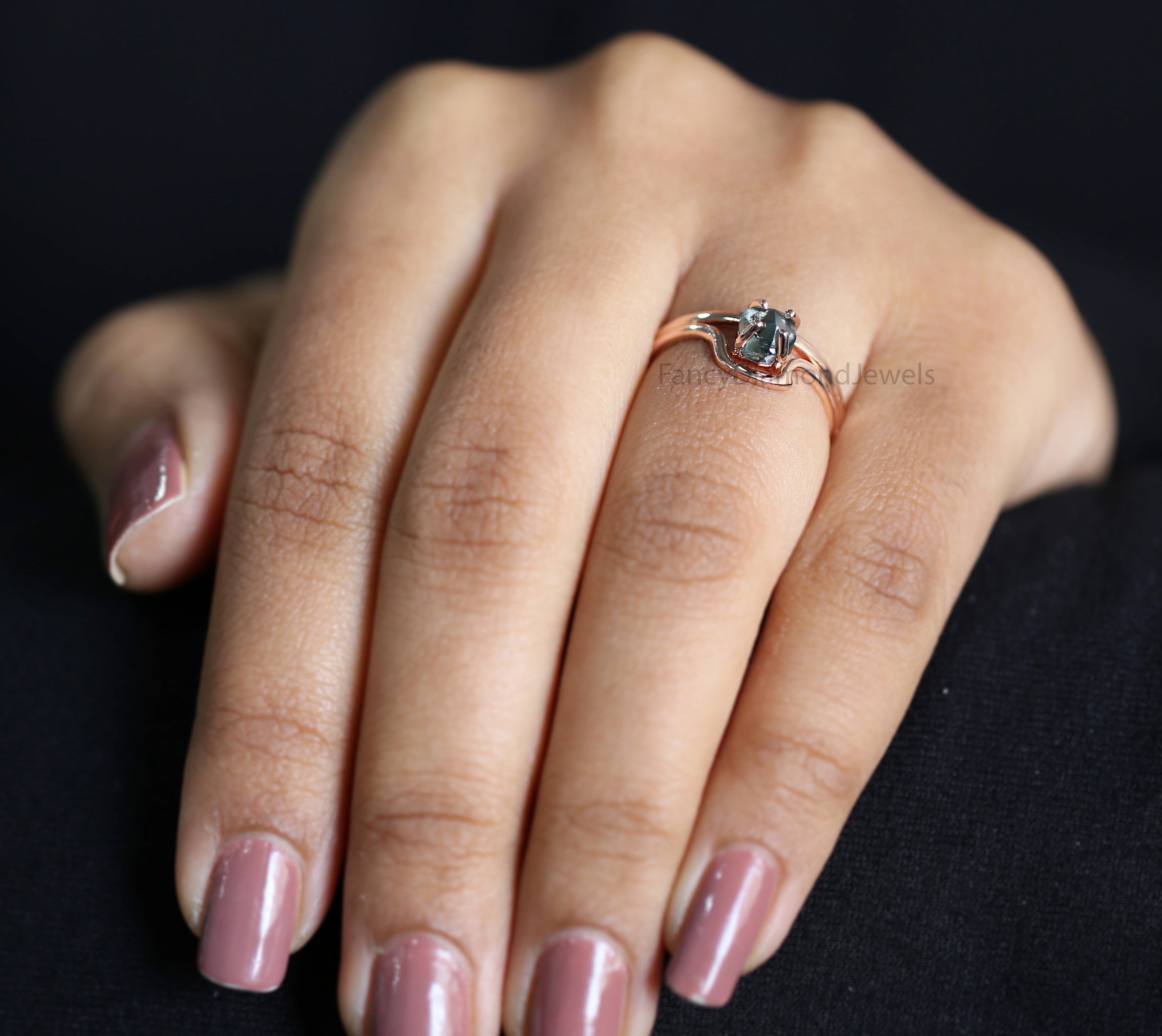 Rough Blue Color Diamond Ring 1.00 Ct 5.64 MM Crystal Rough Diamond Ring 14K Solid Rose Gold Silver Engagement Ring Gift For Her QL2333