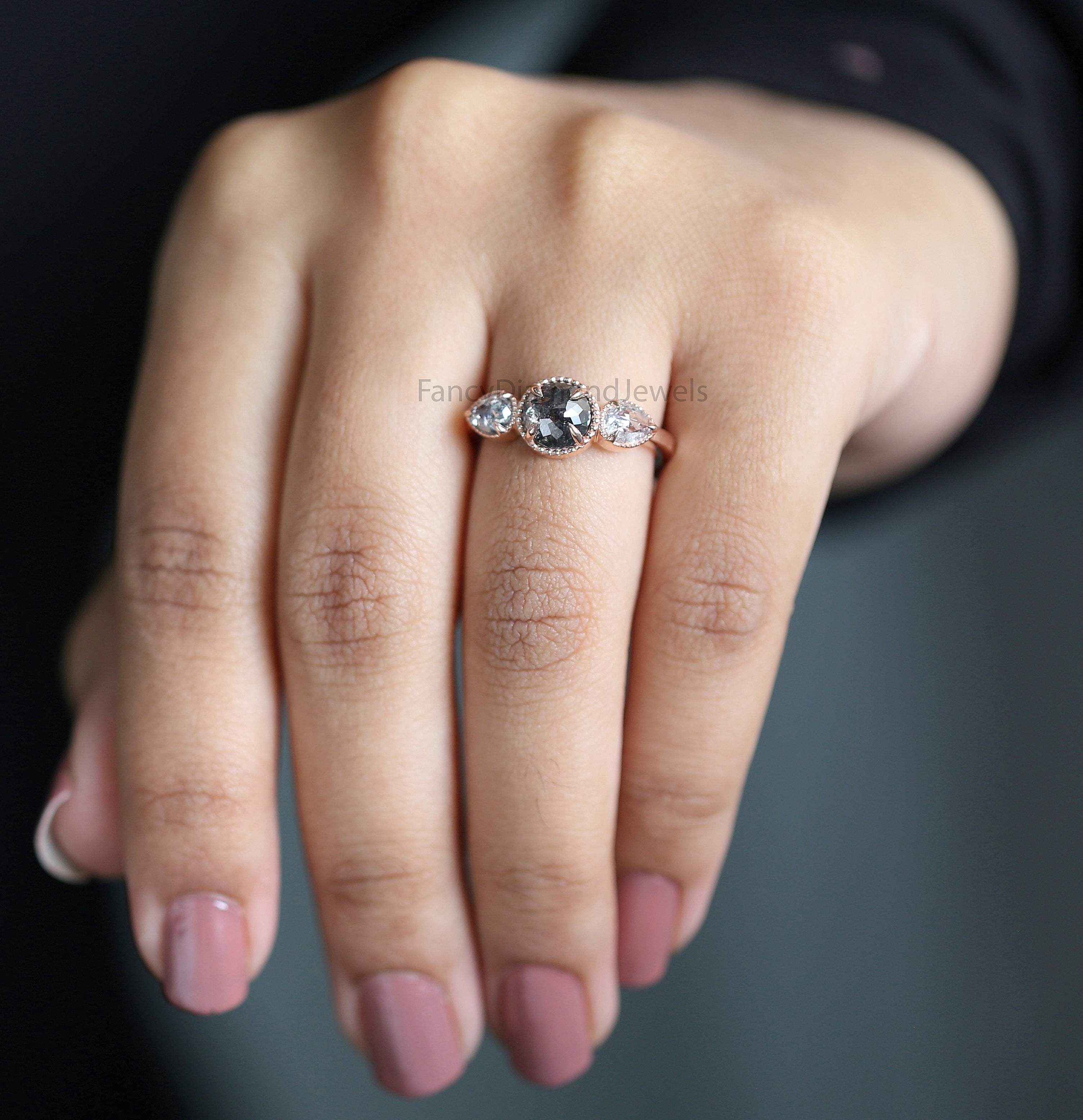 Round Rose Cut Salt And Pepper Diamond Ring 1.16 Ct 6.45 MM Round Diamond Ring 14K Rose Gold Silver Engagement Ring Gift For Her QN9777