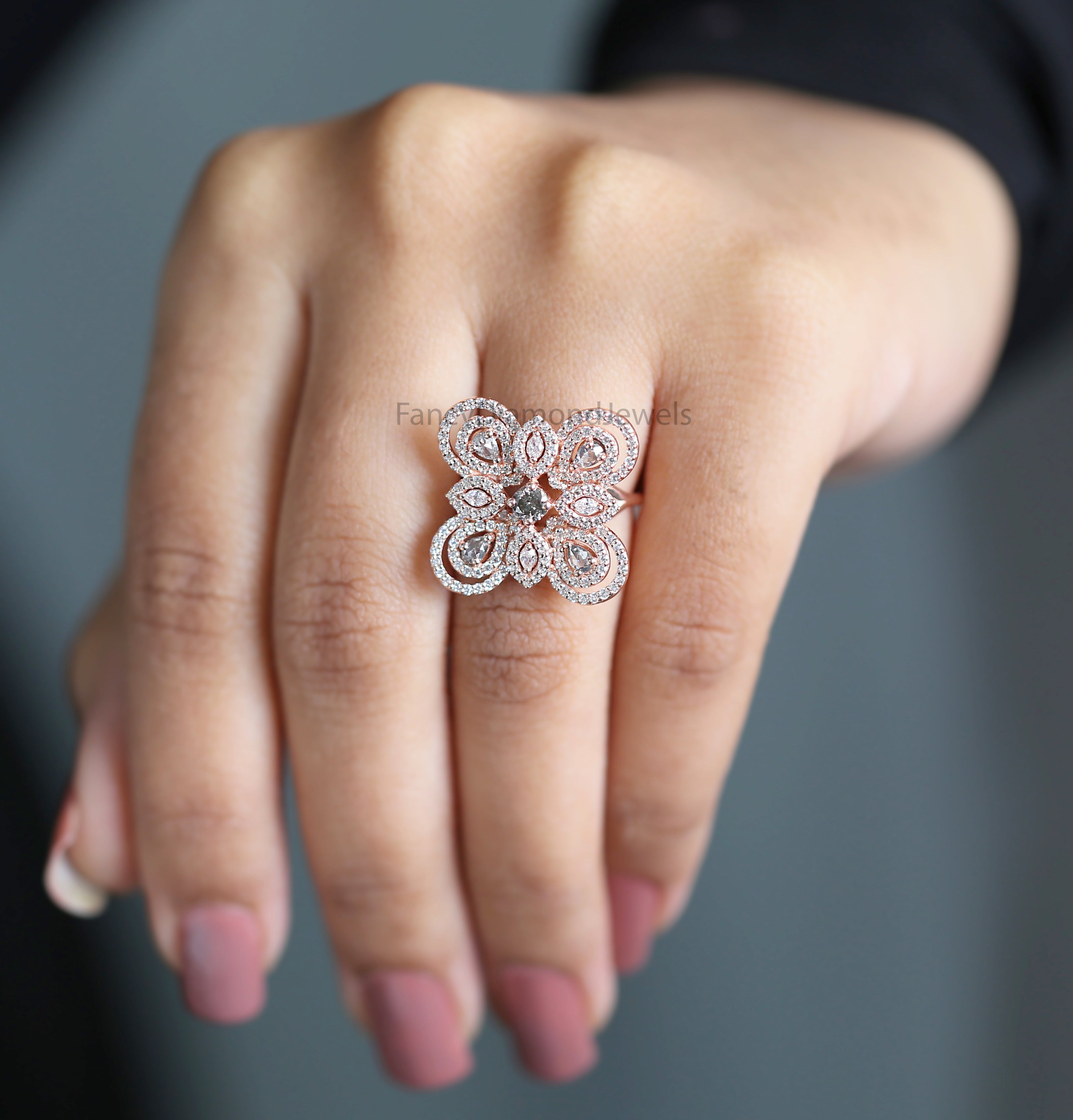 Round salt and pepper Diamond Ring, Salt and pepper Pear Diamond Engagement Ring, Marquise Cut Natural Diamond Ring, Round Shape Ring KD1173