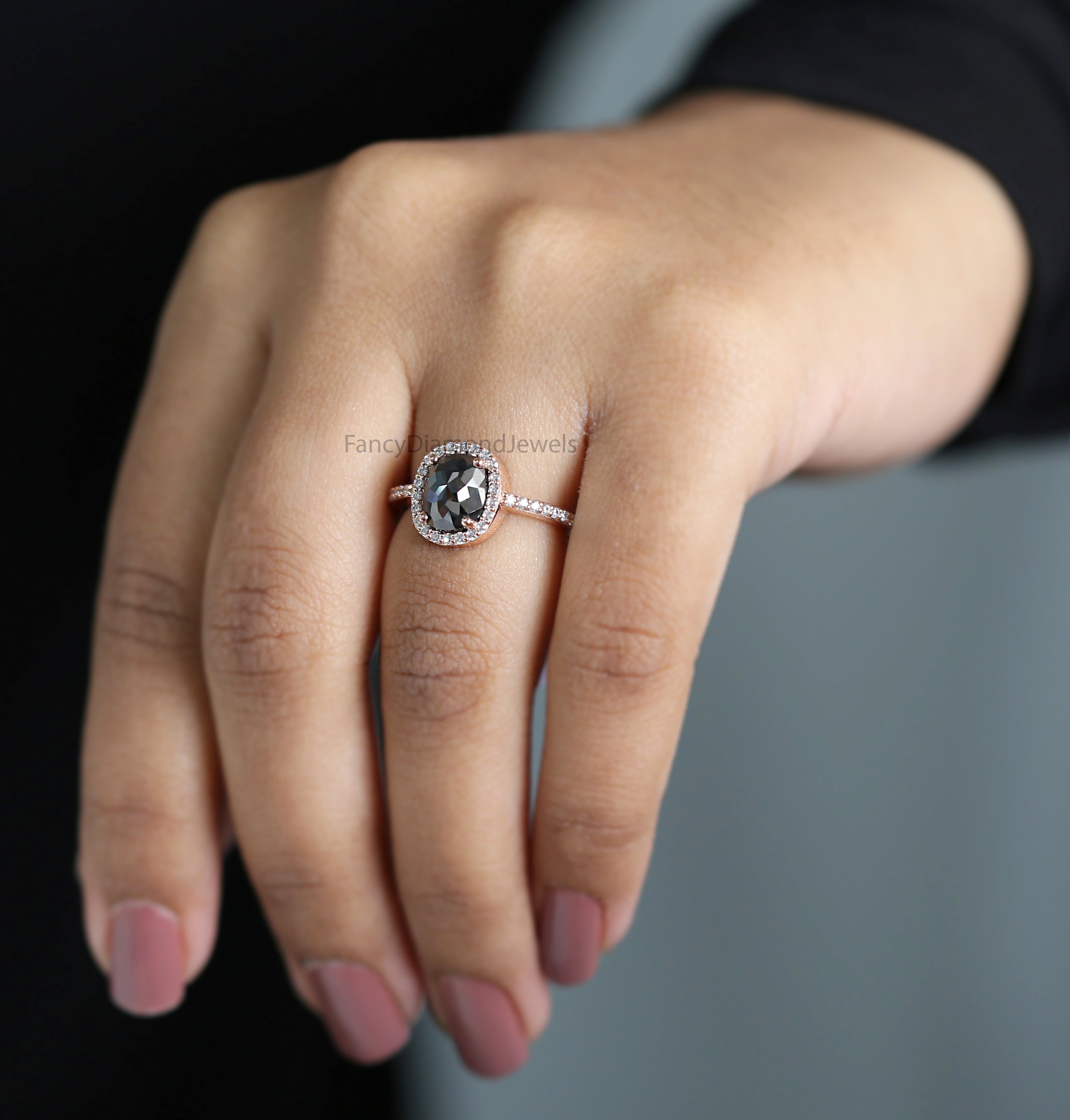 Cushion Shape Black Color Diamond Ring 2.21 Ct 8.30 MM Cushion Diamond Ring 14K Solid Rose Gold Silver Engagement Ring Gift For Her QL3068