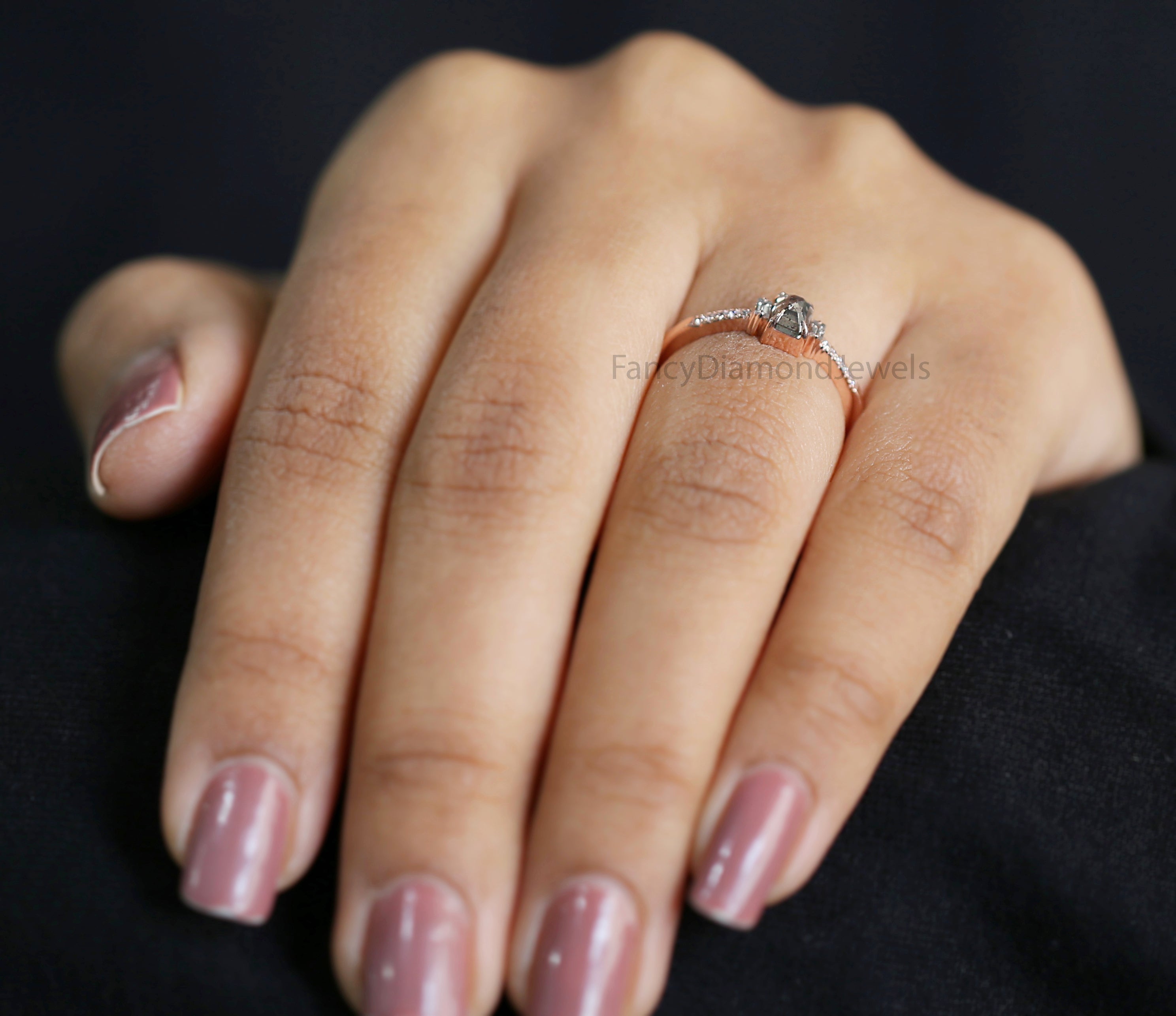 Emerald Cut Salt And Pepper Diamond Ring 0.39 Ct 4.55 MM Emerald Diamond Ring 14K Solid Rose Gold Silver Engagement Ring Gift For Her QL239