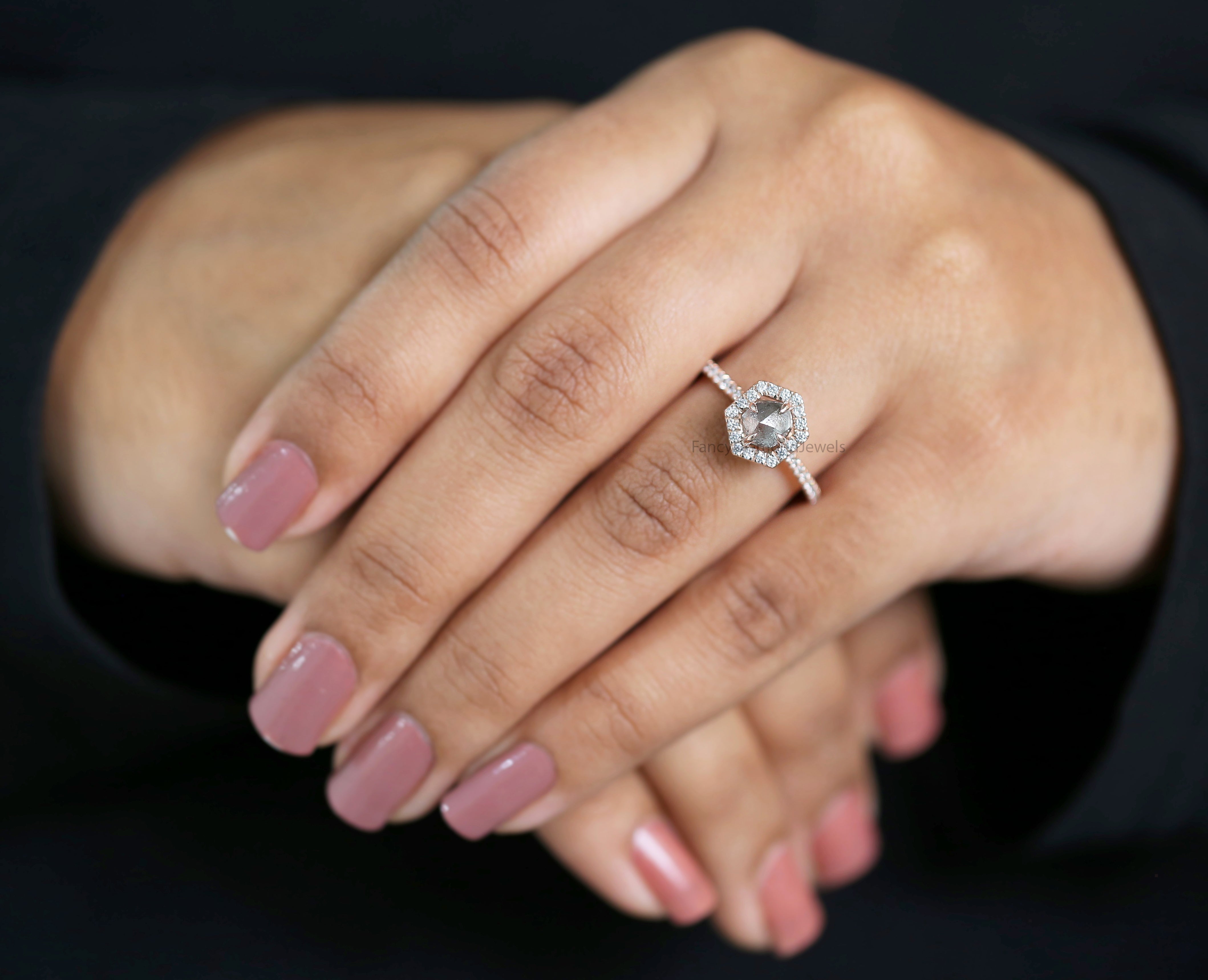 1.15 Ct Natural Rough Salt And Pepper Diamond Ring 6.00 MM Rough Diamond Ring 14K Solid Rose Gold Silver Engagement Ring Halo Ring QN2523