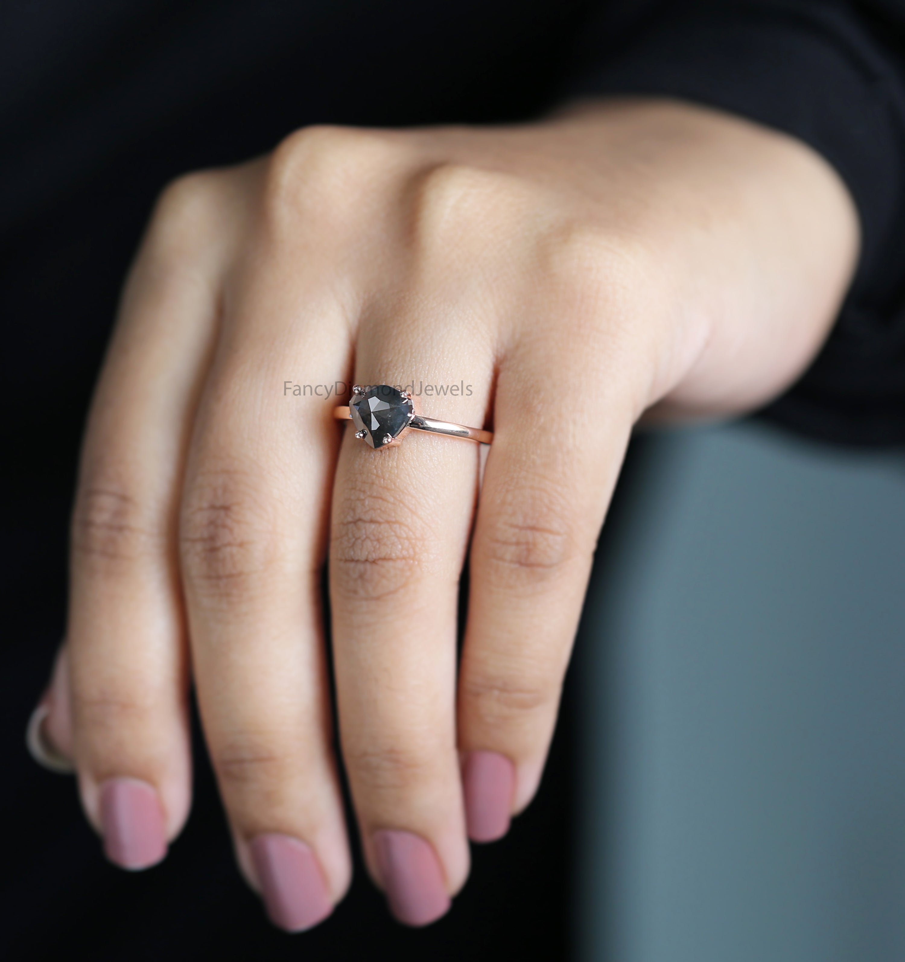 Heart Cut Salt And Pepper Diamond Ring 1.70 Ct 7.95 MM Heart Diamond Ring 14K Solid Rose Gold Silver Engagement Ring Gift For Her QL3096