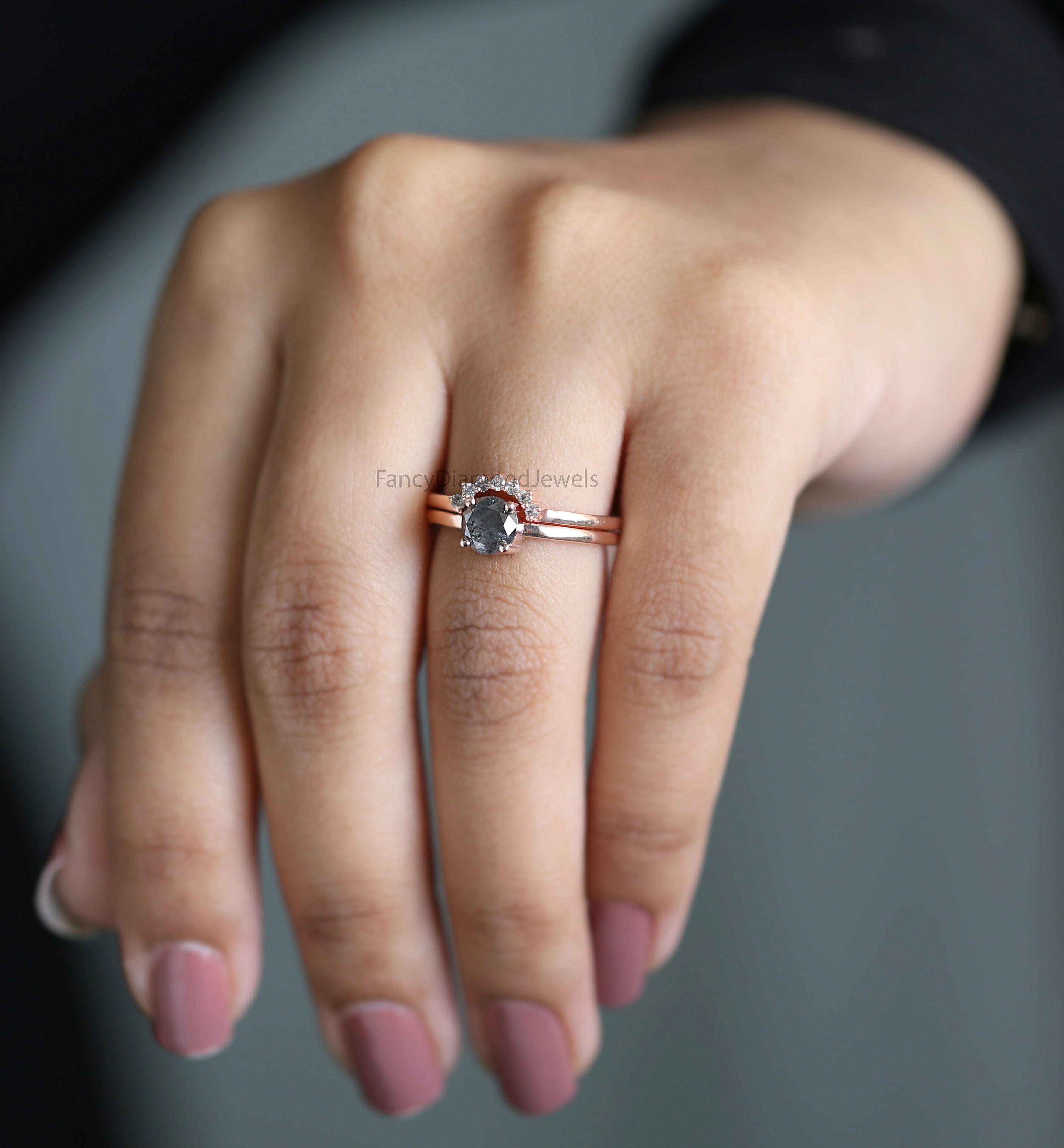 Round Cut Salt And Pepper Diamond Ring 0.87 Ct 5.80 MM Round Diamond Ring 14K Solid Rose Gold Silver Engagement Ring Gift For Her QN9369