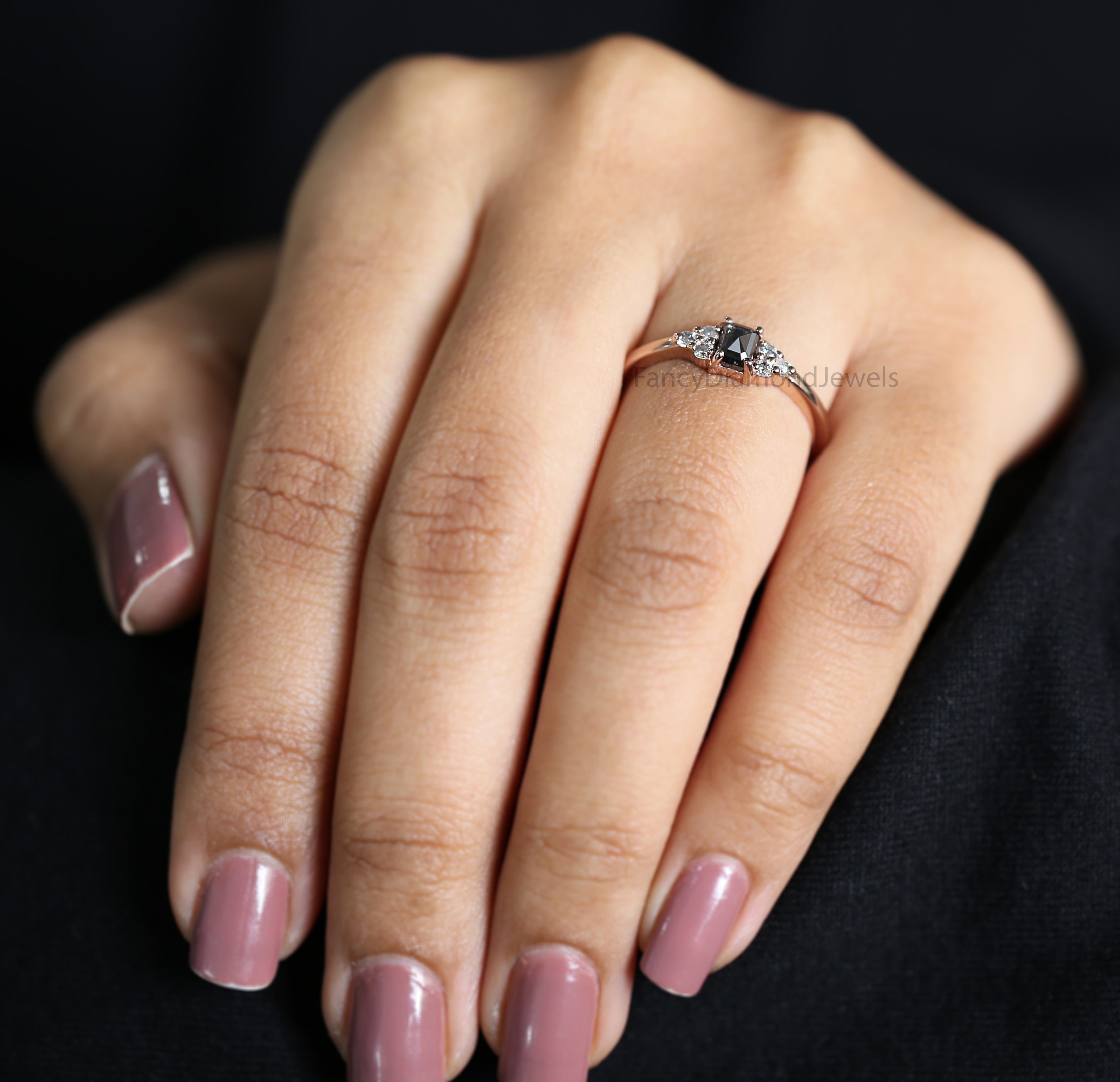 Emerald Salt And Pepper Diamond Ring 0.38 Ct 4.65 MM Emerald Diamond Ring 14K Solid Rose Gold Silver Engagement Ring Gift For Her QK180