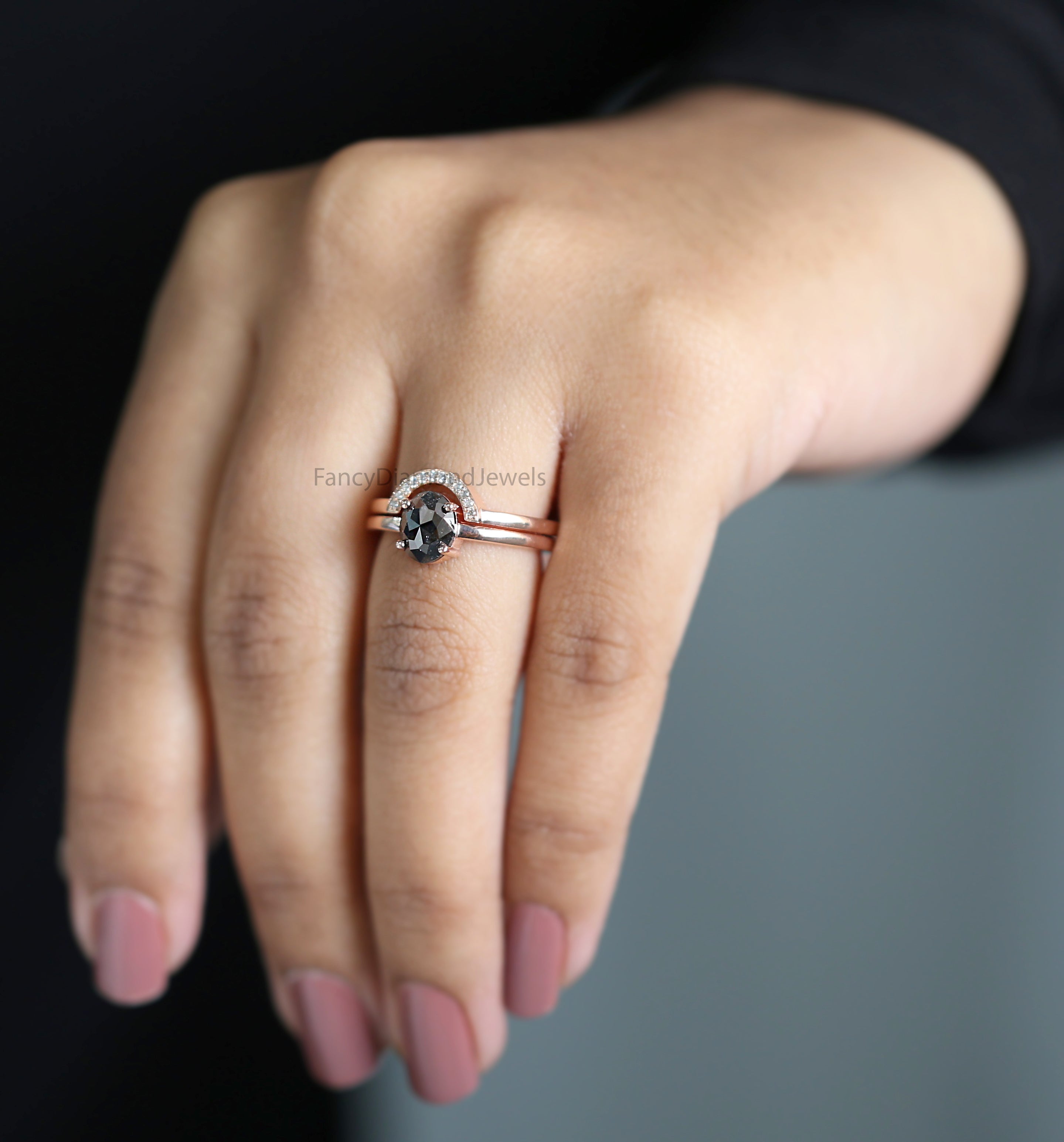 Oval Cut Salt And Pepper Diamond Ring 1.28 Ct 7.55 MM Oval Diamond Ring 14K Solid Rose Gold Silver Oval Engagement Ring Gift For Her QL3079