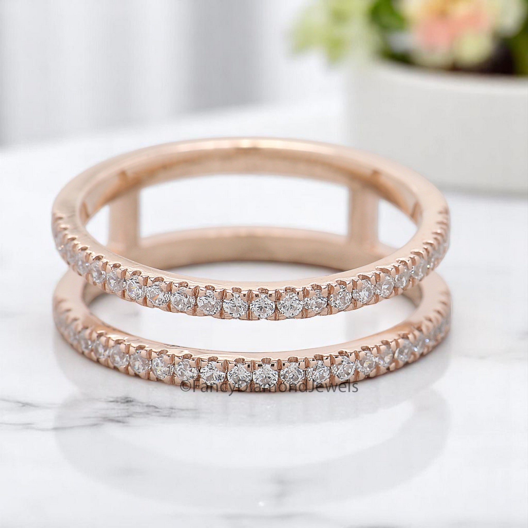 Round Cut Double Diamond Wedding Band Silver/10K/14K/18K Band Half Eternity Minimalist Ring stacking dainty matching anniversary ring KD898