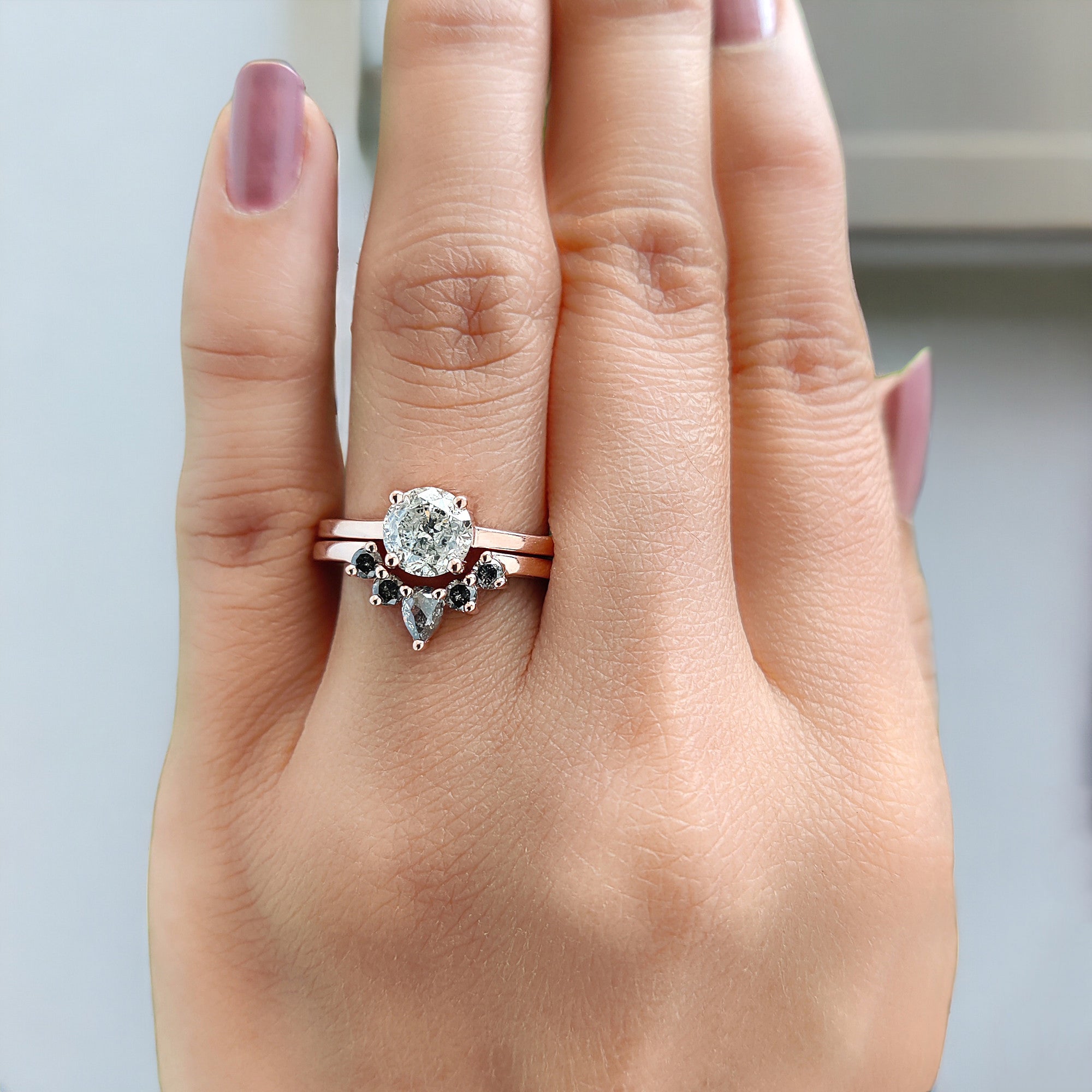 Round Cut Salt And Pepper Diamond Ring 1.10 Ct 6.22 MM Round Diamond Ring 14K Solid Rose Gold Silver Engagement Ring Gift For Her QL2674