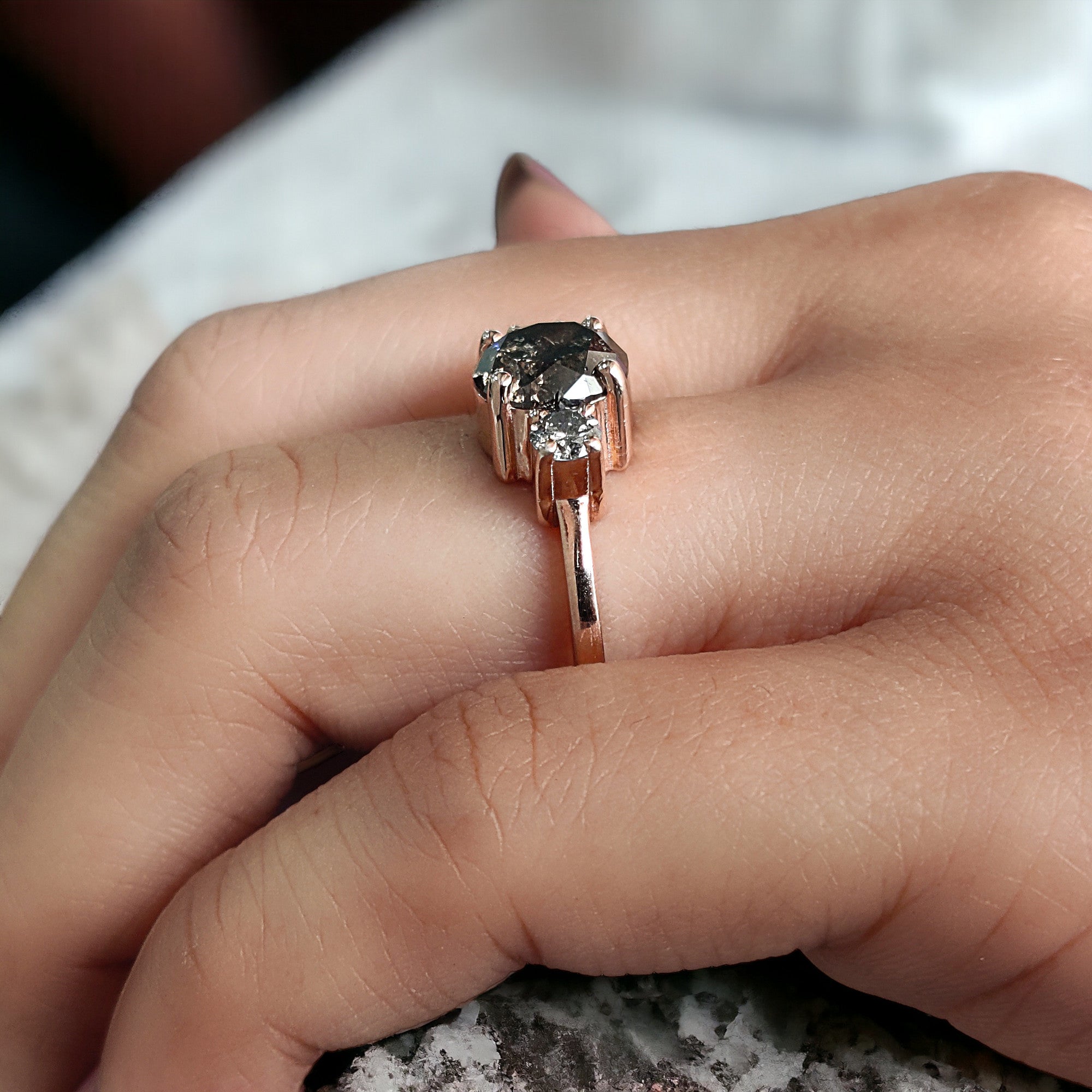 Round Cut Salt And Pepper Diamond Ring 2.05 Ct 7.85 MM Round Diamond Ring 14K Solid Rose Gold Silver Engagement Ring Gift For Her QL9209